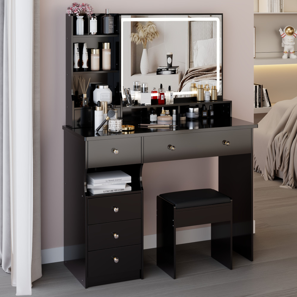 Large 41″ Makeup Vanity Table with Stool, Touch 3-Color LED Mirror