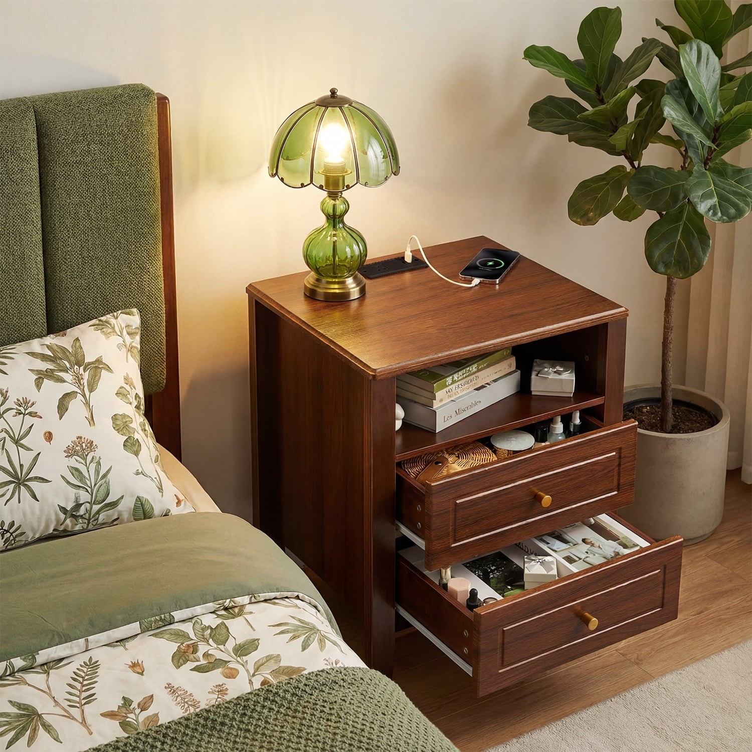 1Pc Nightstand End Table with 2 Drawers Charging Station Bedside Table Bedroom