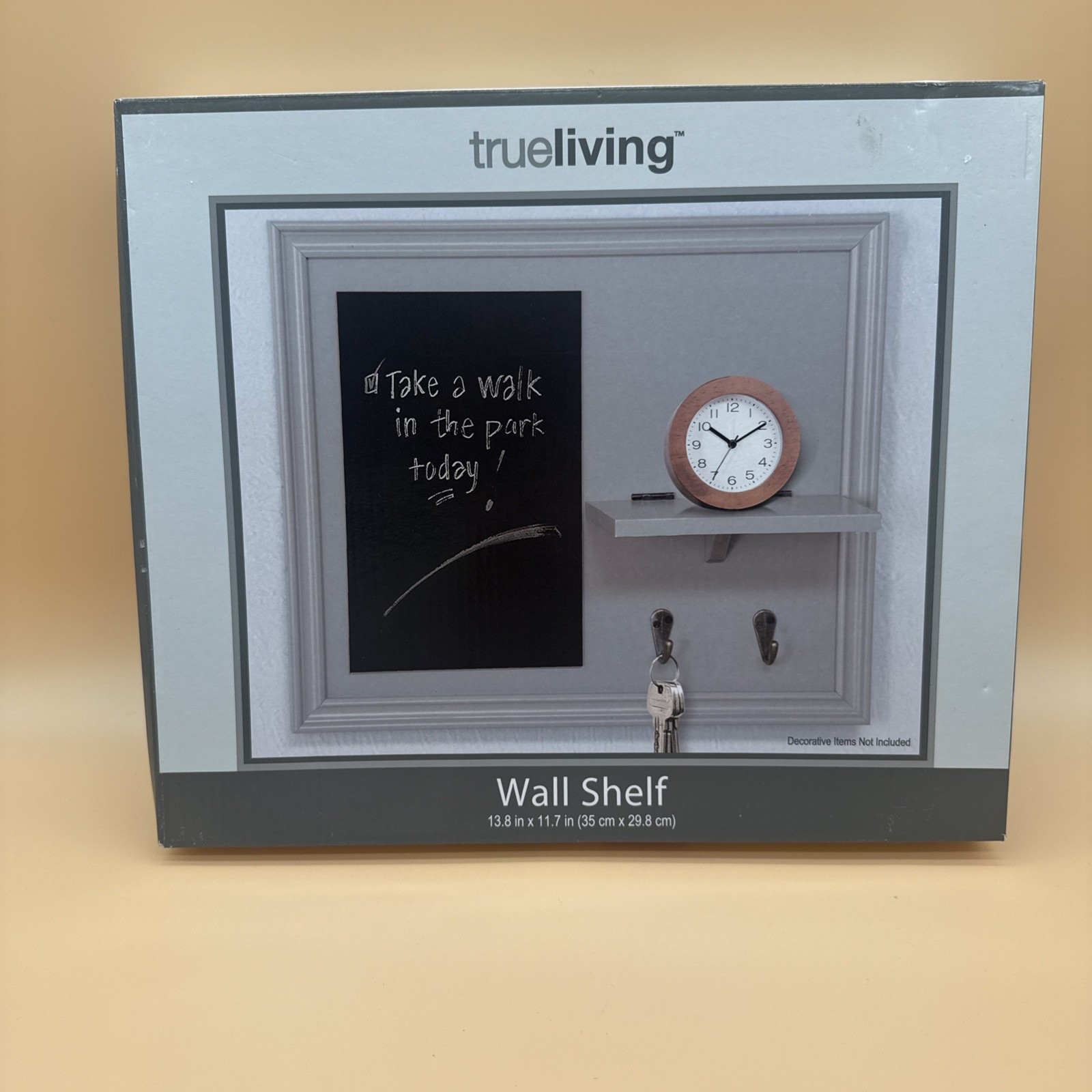 True Living Entryway Wall Shelf Organizer Chalkboard Key Hooks New 13.8×11.7″