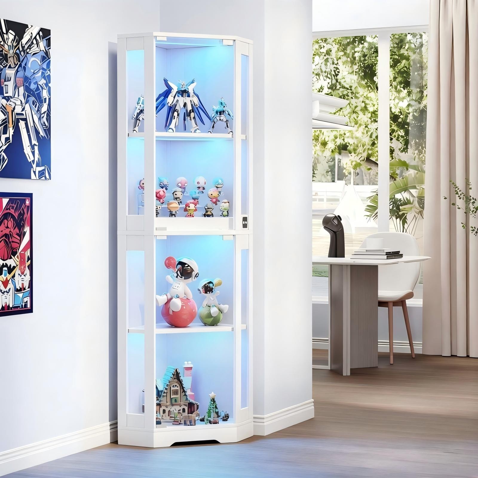 BROTTAR 4-Tier Corner Glass Curio Display Cabinet with Doors & 3-Color LED Light