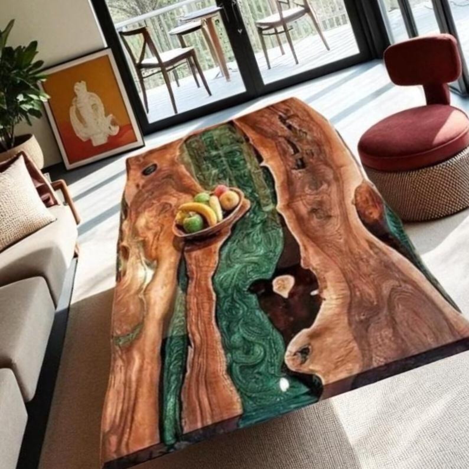 Green Epoxy River Table Top | Luxury Resin Wood Slab | Custom Dining Table top