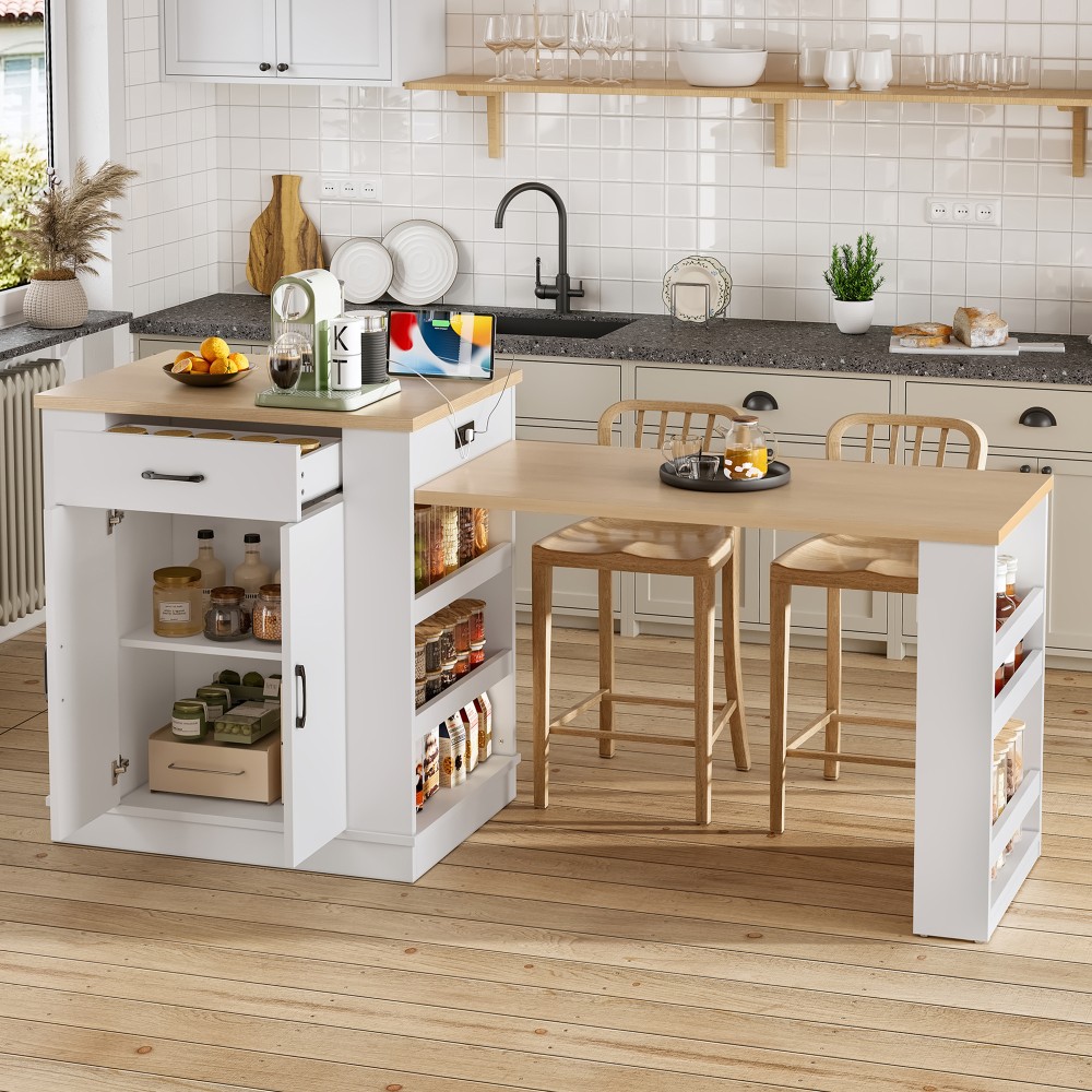 Extendable island console with drawers double door cabinet and open shelving