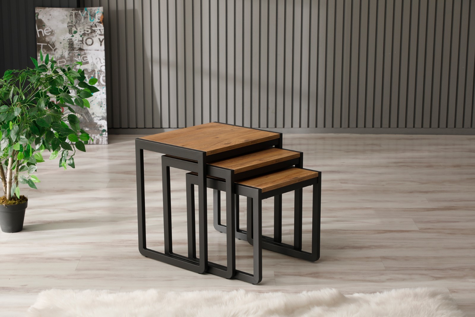 3-Piece Nesting Table Set, Stackable Side Tables with Black Metal Frame