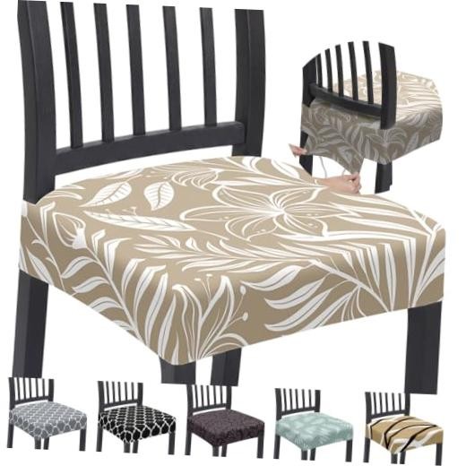 Stretchable Chair Seats Covers 4 Pack for Set of 4 Khaki Flowers-rear Covered