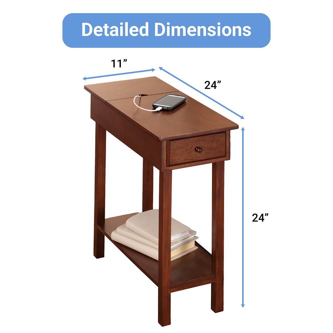 OakRidge Chairside Table with USB Power Strip, 11-In. Wide, Brown Wood Finish