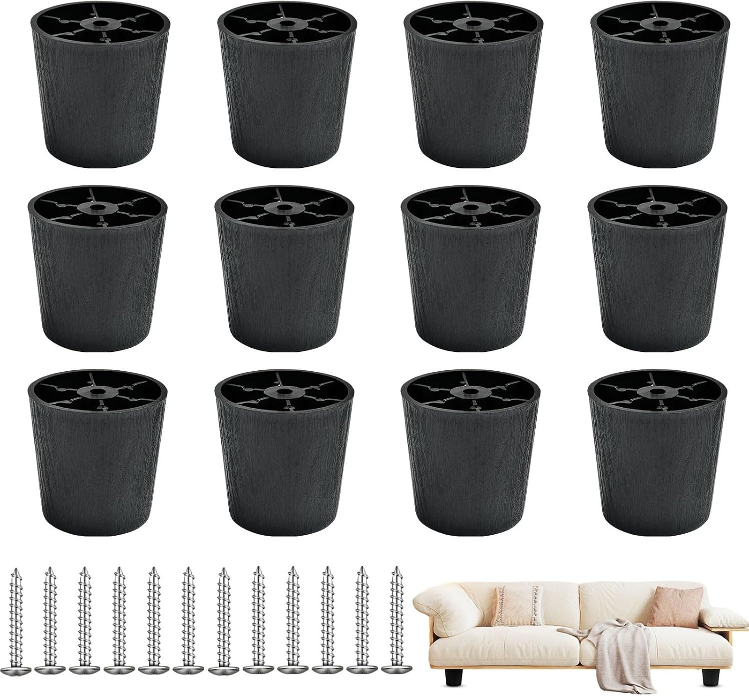 12 Pack 2 inch Plastic Furniture Legs, Round Tapered Black Couch Legs, Screw-in
