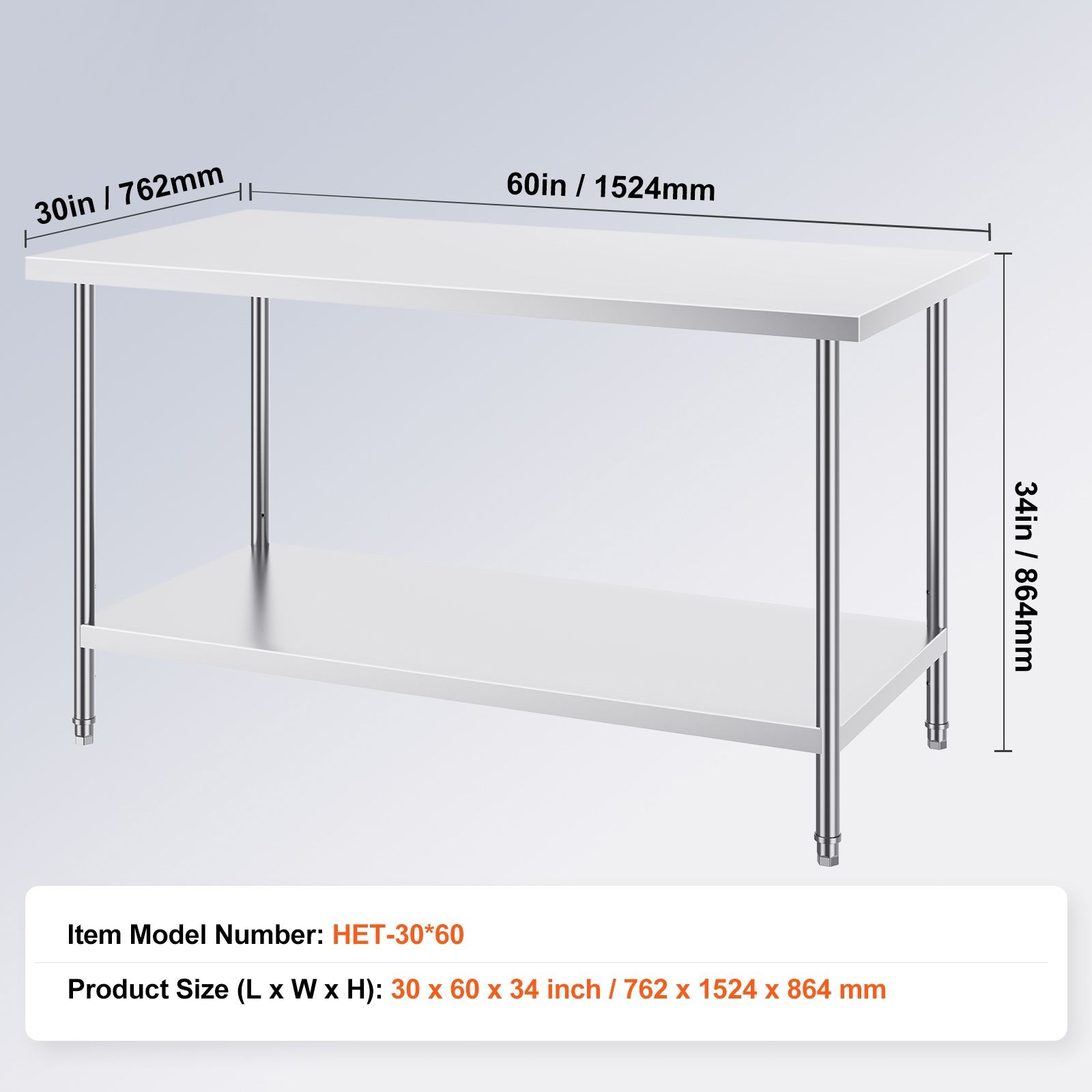 30x60in Stainless Steel Work Table, 910lb Capacity, 3-Level Adjustable Shelves