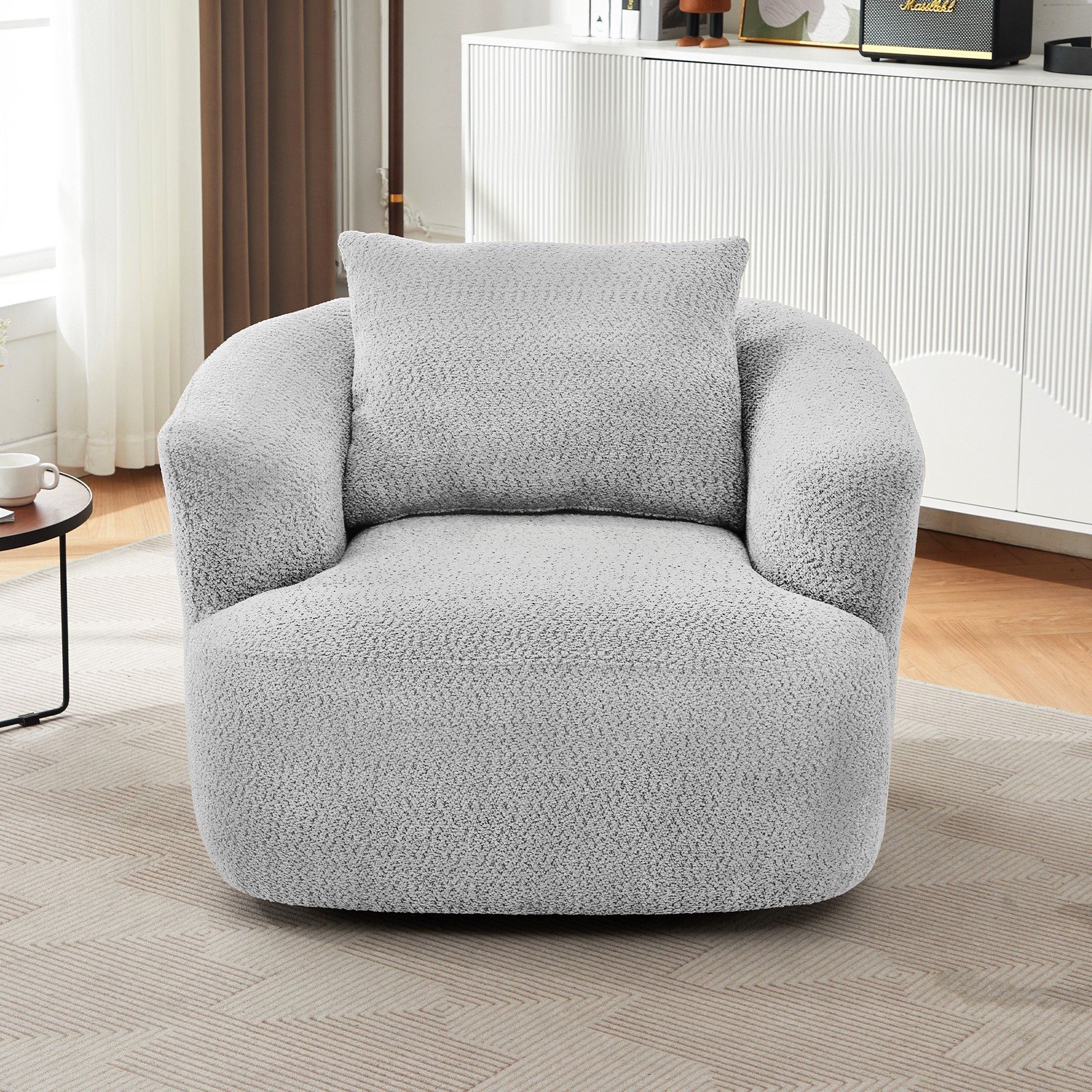 Swivel Barrel Accent Chair, 38.2″ Wide, Light Grey, with Throw Pillow