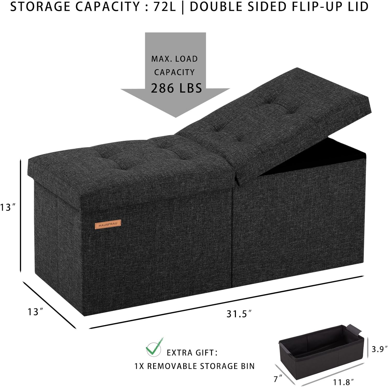 31.5 Inches Ottoman with Storage, Folding Ottoman Bench Small Foot Rest Stool, B