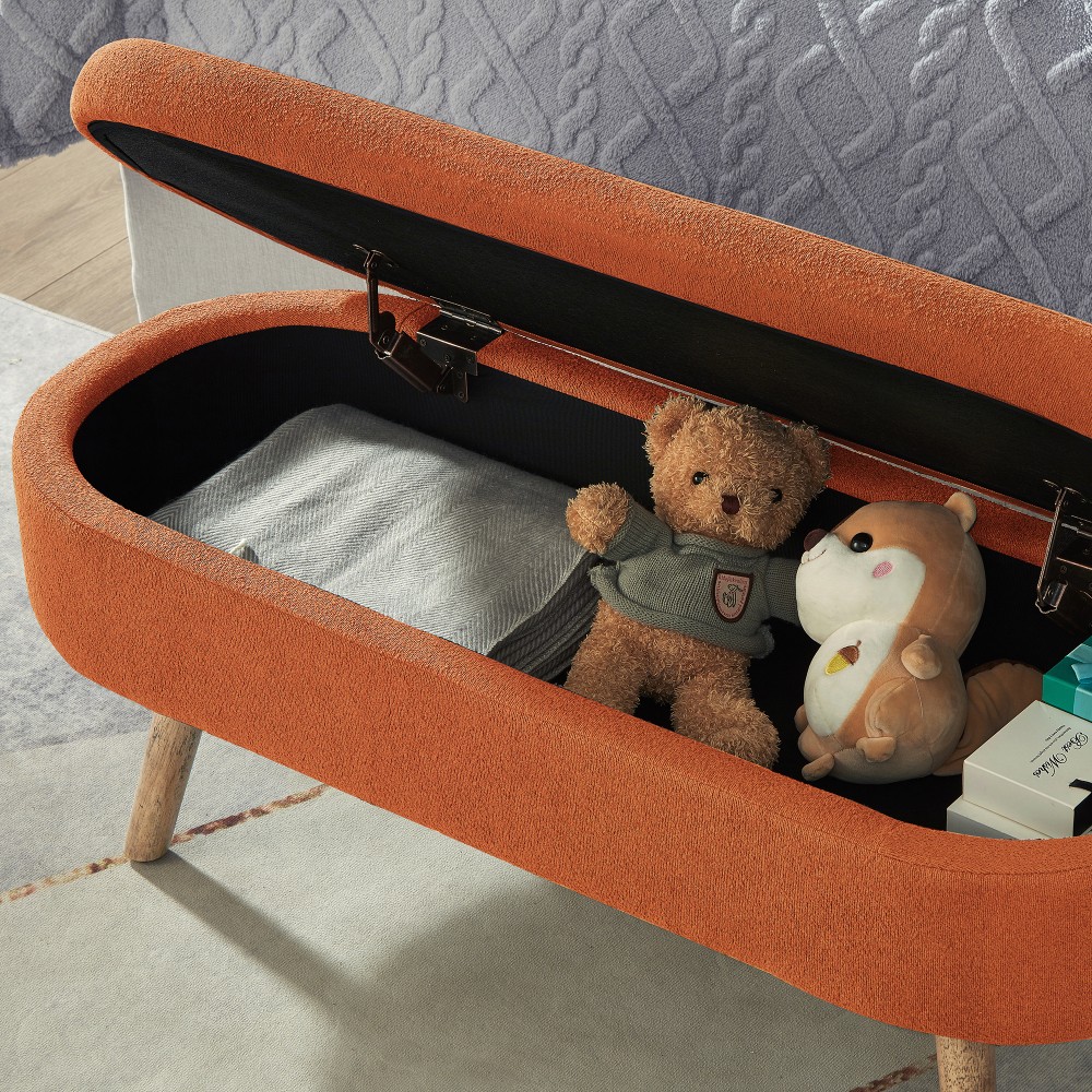 Orange Boucle Upholstered Ottoman Bench w/ Wood Legs, 350lb Capacity