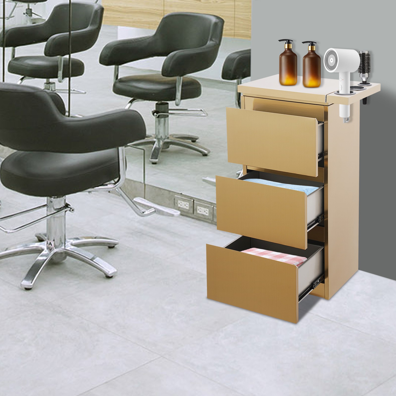 3-Drawer Dresser Cabinet Gold Metal Storage Organizer Cabinet For Beauty Parlors