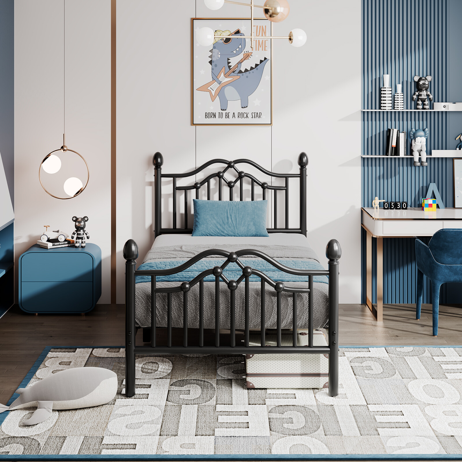 Metal Twin/Full/Queen Size Bed Frame with Headboard and Footboard,Black/White