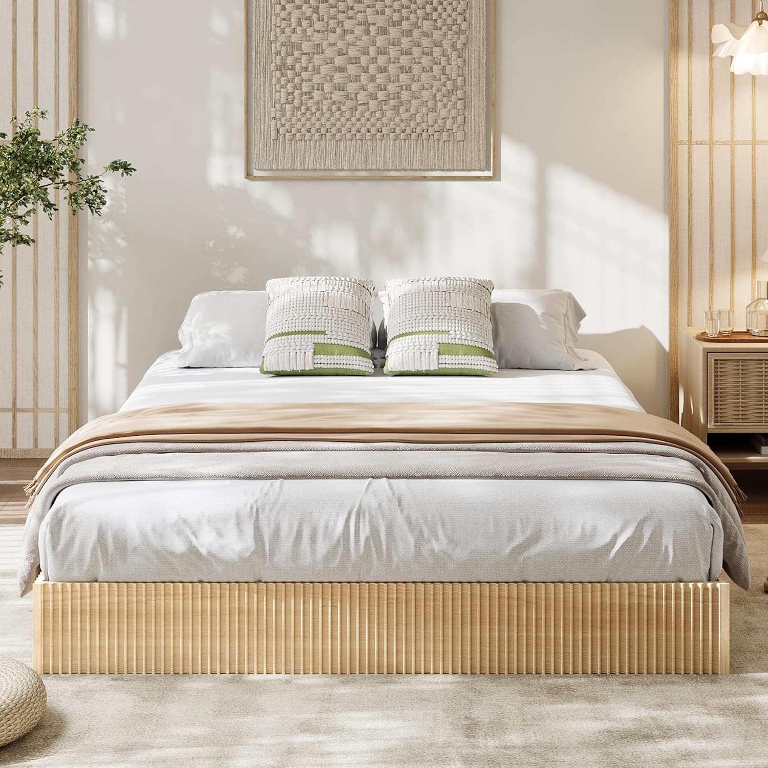 Full Bed Frame, Wood Platform Bed with Fluted Design, Low Profile Bed Frame