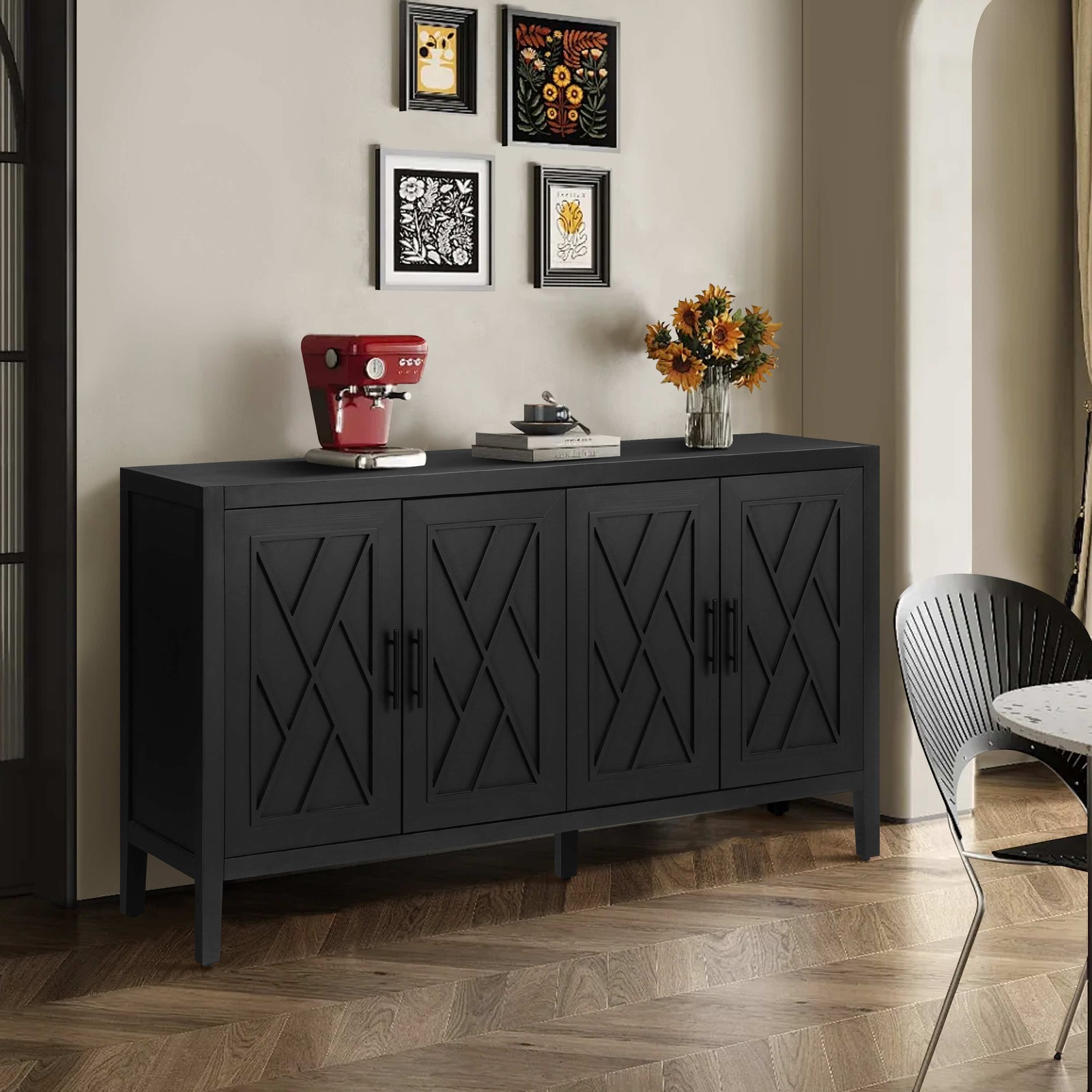 60 inches Modern Farmhouse Accent Cabinet with 4 Doors and Adjustable Shelf Wo