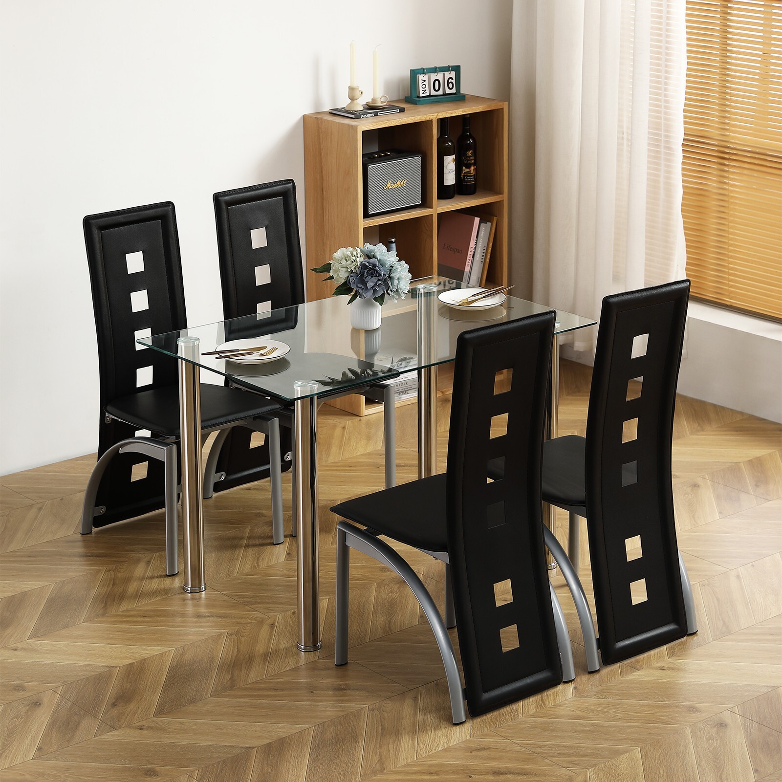 US Clear Tempered Glass Rectangular Dining Table Stainless Steel Leg Dining Room