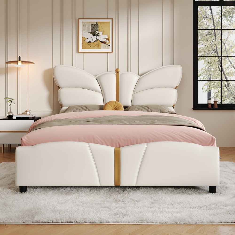 Bed Frame W Leather Upholstery Featuring Butterfly Headboard Includes Footboard