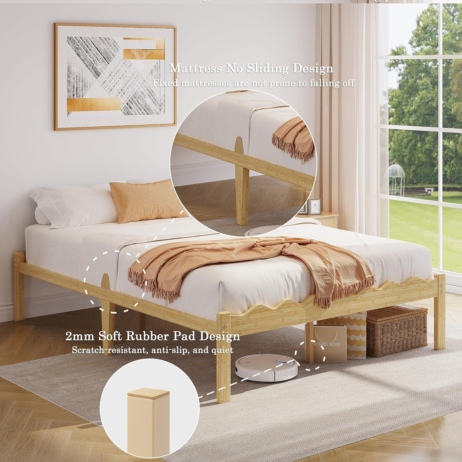 Natural Bamboo Platform Bed Frame Full, 14” Height Full Size Bed Frame, No Box S