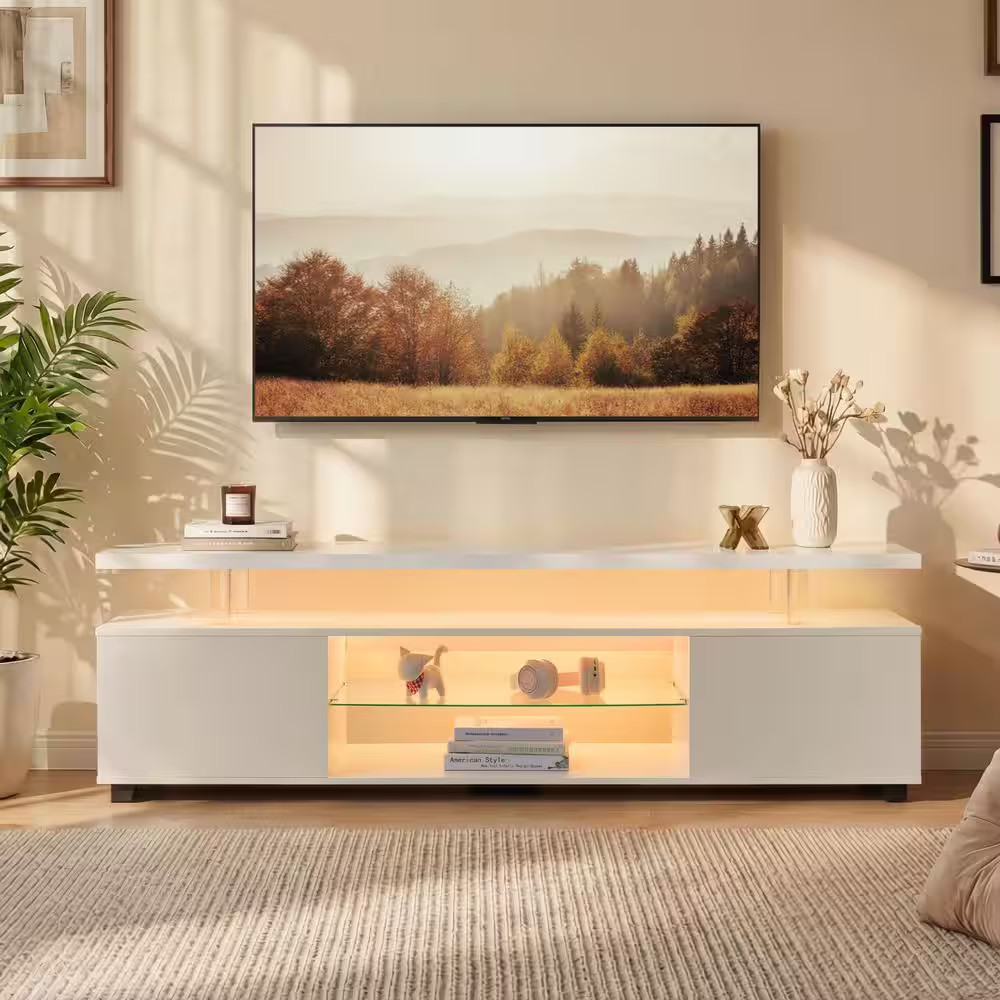 White 51 In. Modern TV Stand, Media Console with Large Side Cabinet (Fits Tvs up