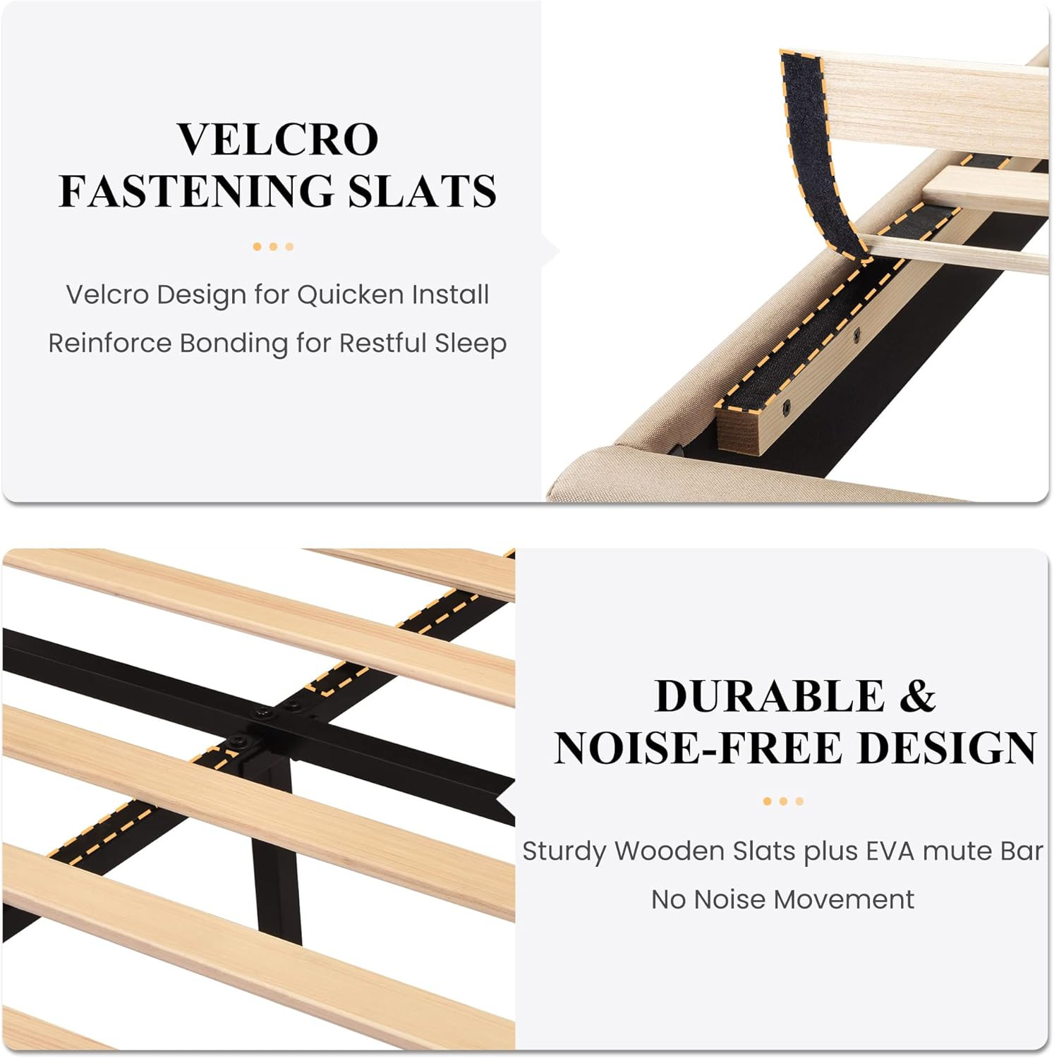 Beige Upholstered Platform Bed Frame with Wooden Slats – No Box Spring Needed