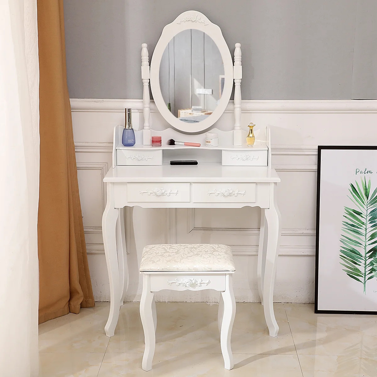 Makeup Dressing Table Set w/Stool 4 Drawer & Mirror Wood Desk Modern Furniture