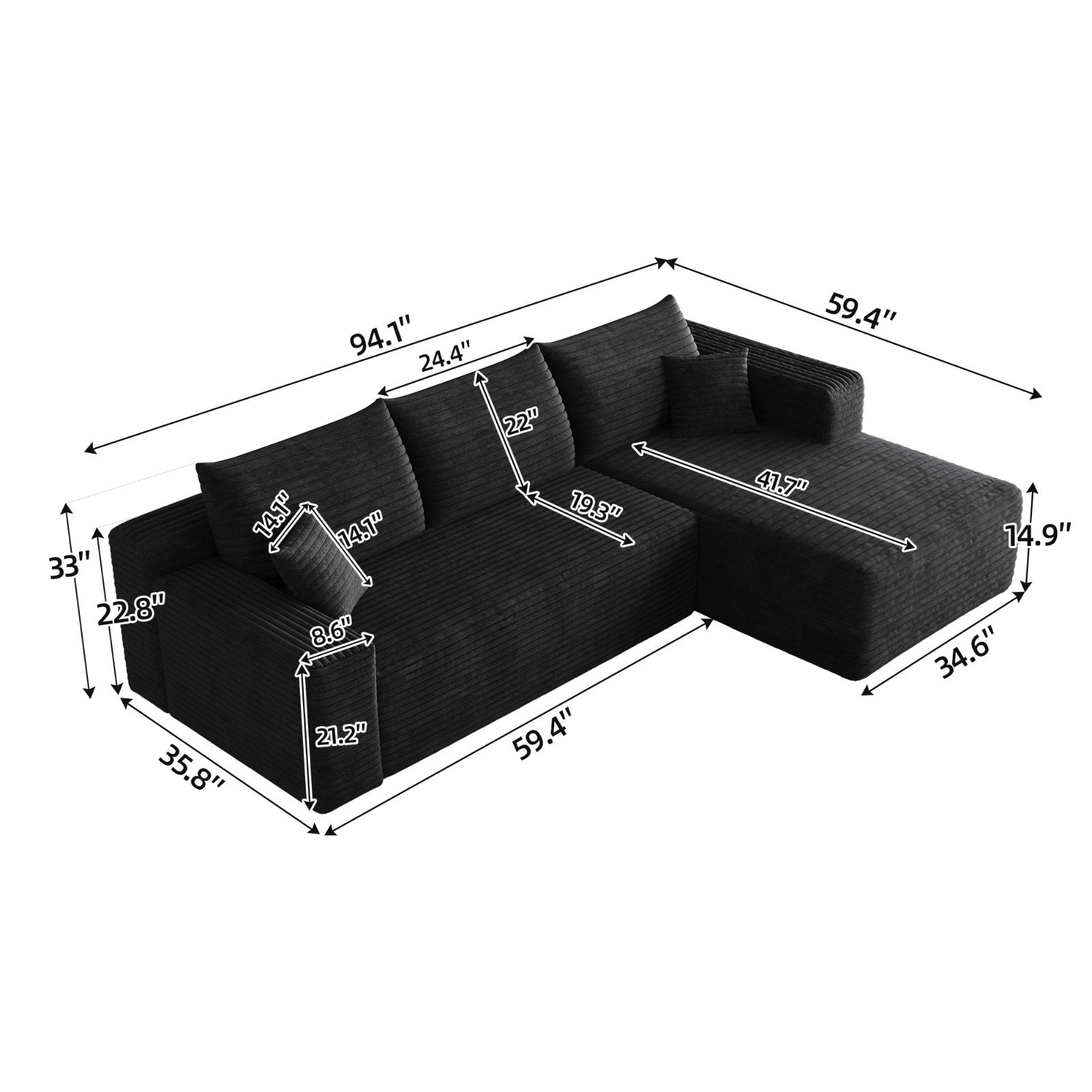 95″ Boneless Couch L Shape Sectional Cloud Sofa Set Right Chaise for Living Room