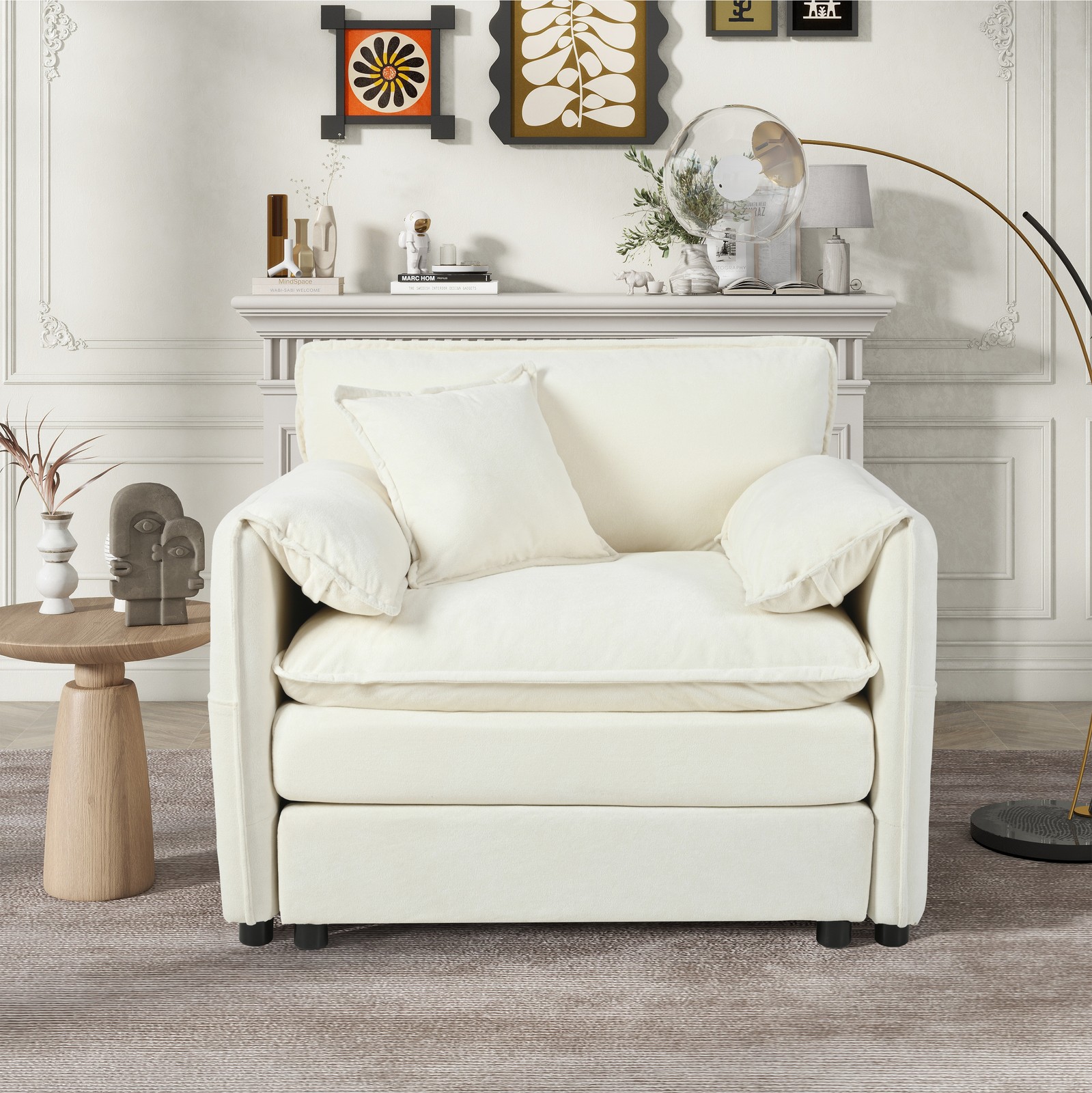 Oversized Chenille Armchair Modern Modular Reading Chair w/1 Toss Pillow Beige