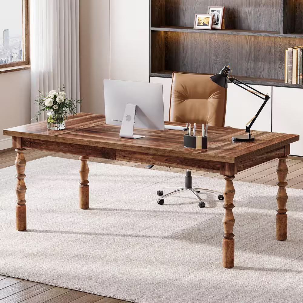 Halseey 62 In. Rectangular Walnut Brown Wood Computer Desk with Storage, Long Wr
