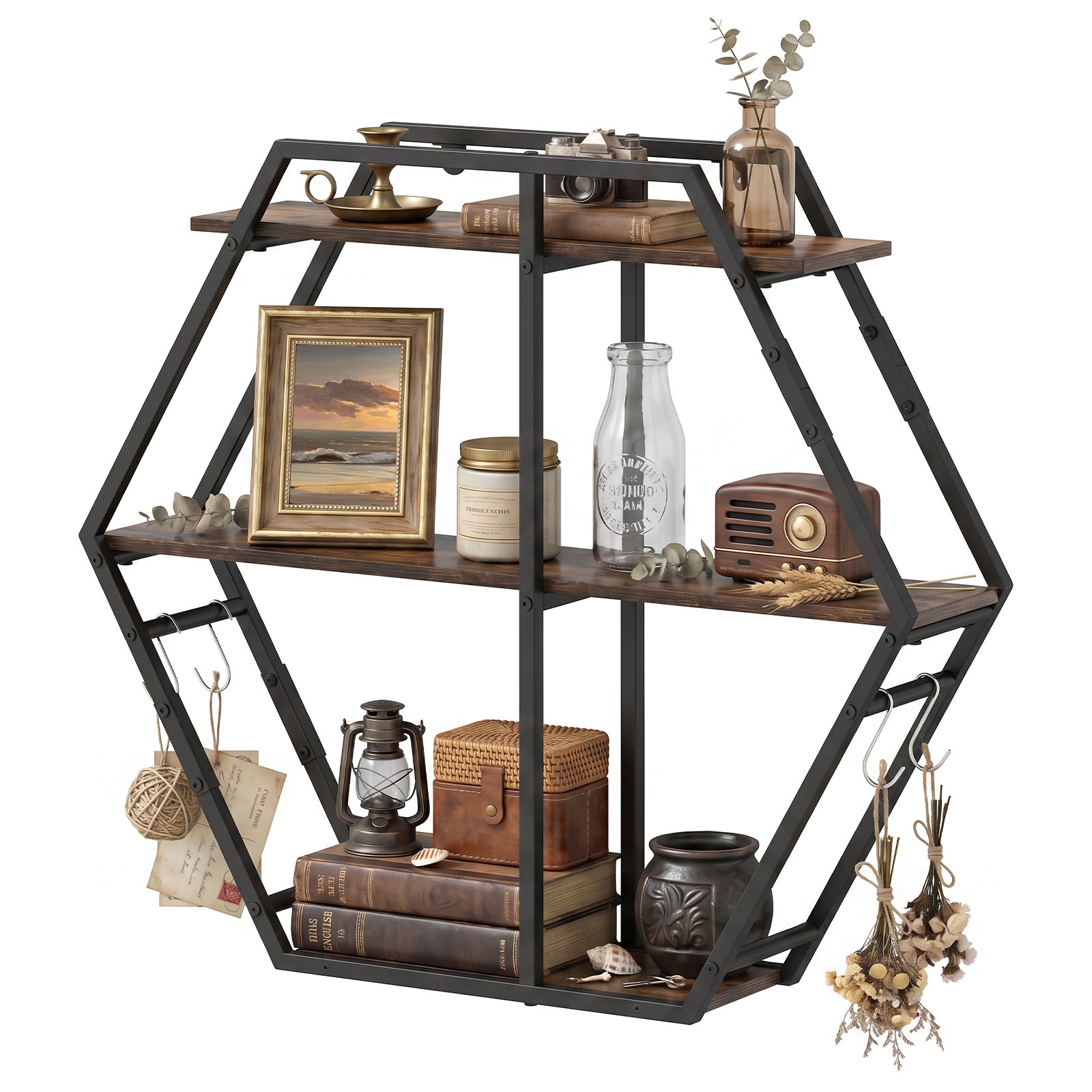 Hexagon Shelf for Wall, 3-Tier Geometric Bookcase w/4 S-Shaped Hooks Metal Frame