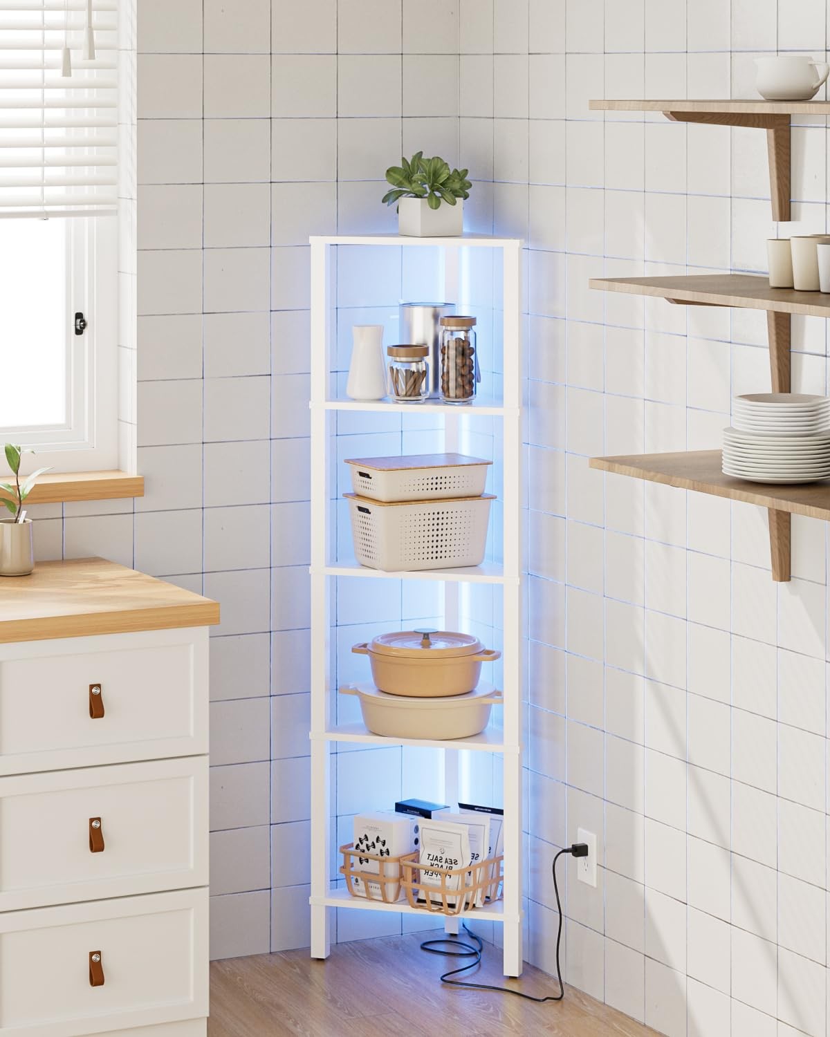 Corner Shelf with LED Light, 5-Tier Corner Bookshelf, Narrow Display Shelf with