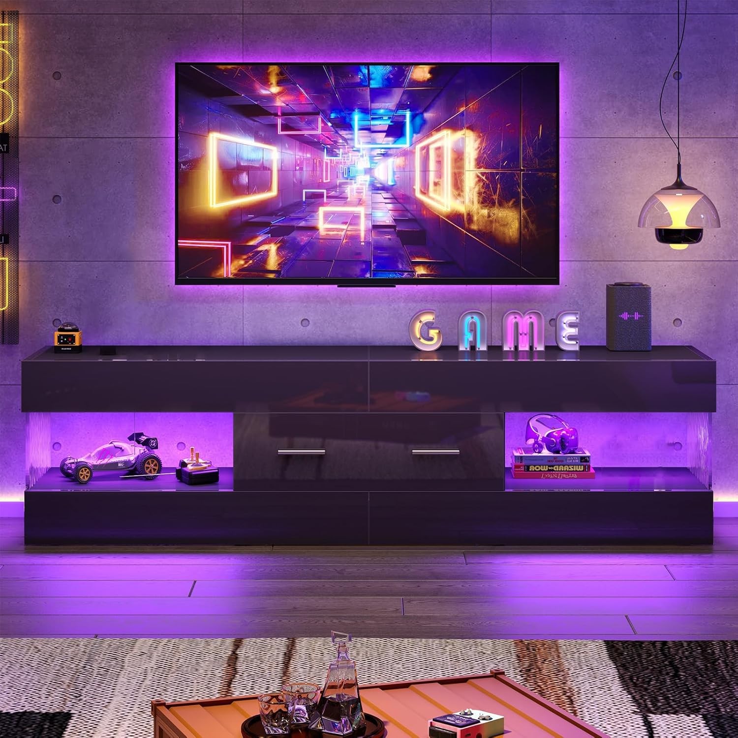 Black TV Stand for 55/60/65 Inch TV, High Gloss Modern TV Stand with