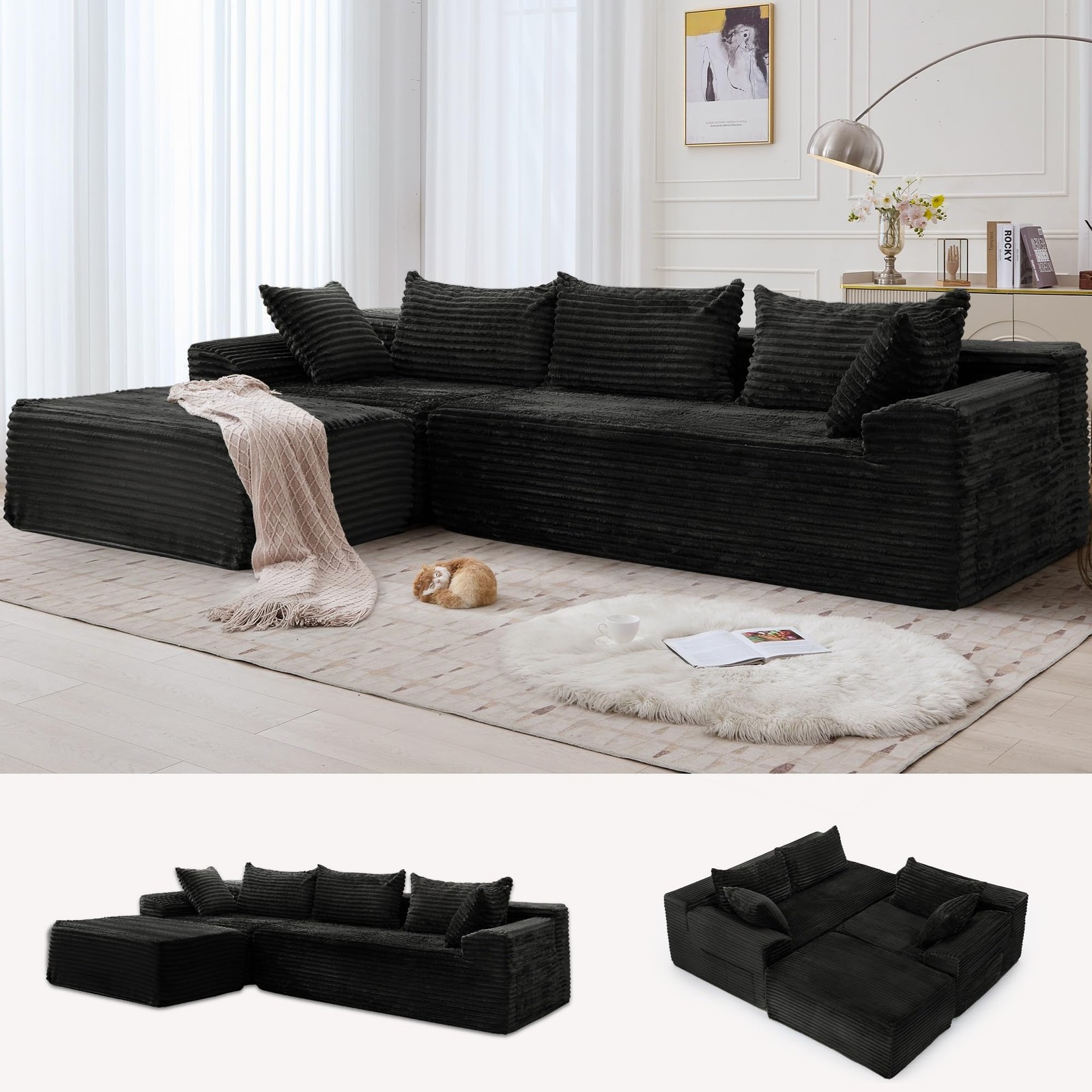 108″ L-Shaped Modular Sectional for Living Room, No Assembly, Side Pockets