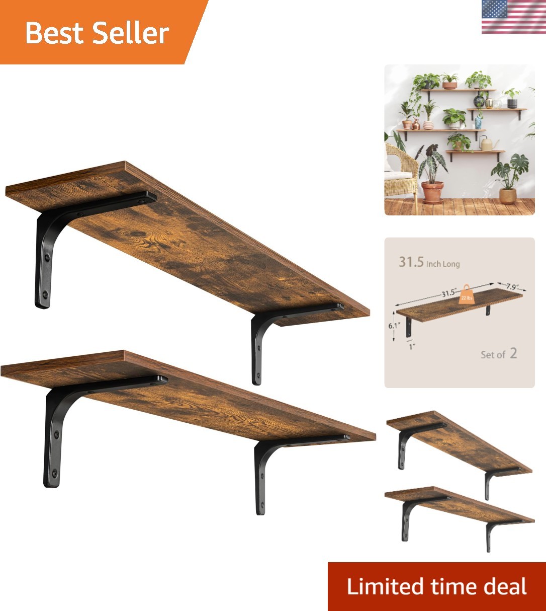 Elegant Space-Saving Floating Shelves, Set of 2 in Rustic Brown – Easy Assembly