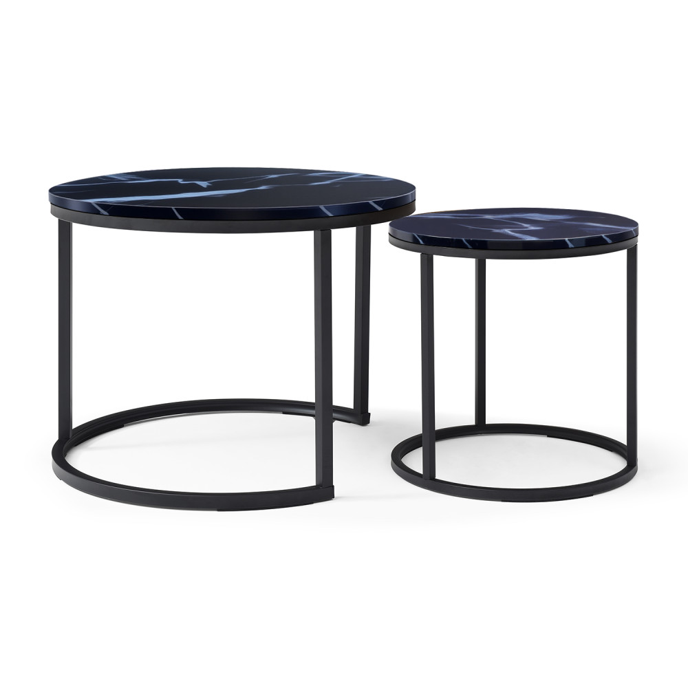 Set 2 Coffee Table Nesting Black top Round and Marble Pattern Wooden Tables