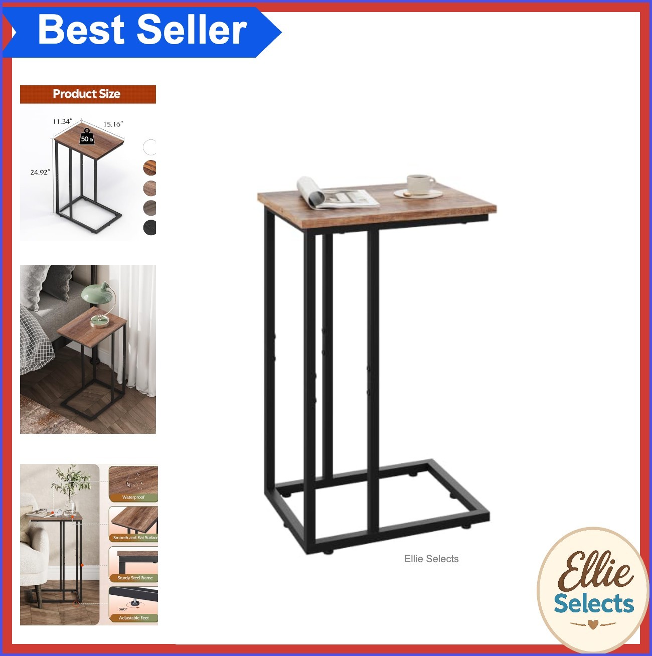 C Shaped End Table Side Table for Living Room Couch Bedside 15.16W 24.92H Steel