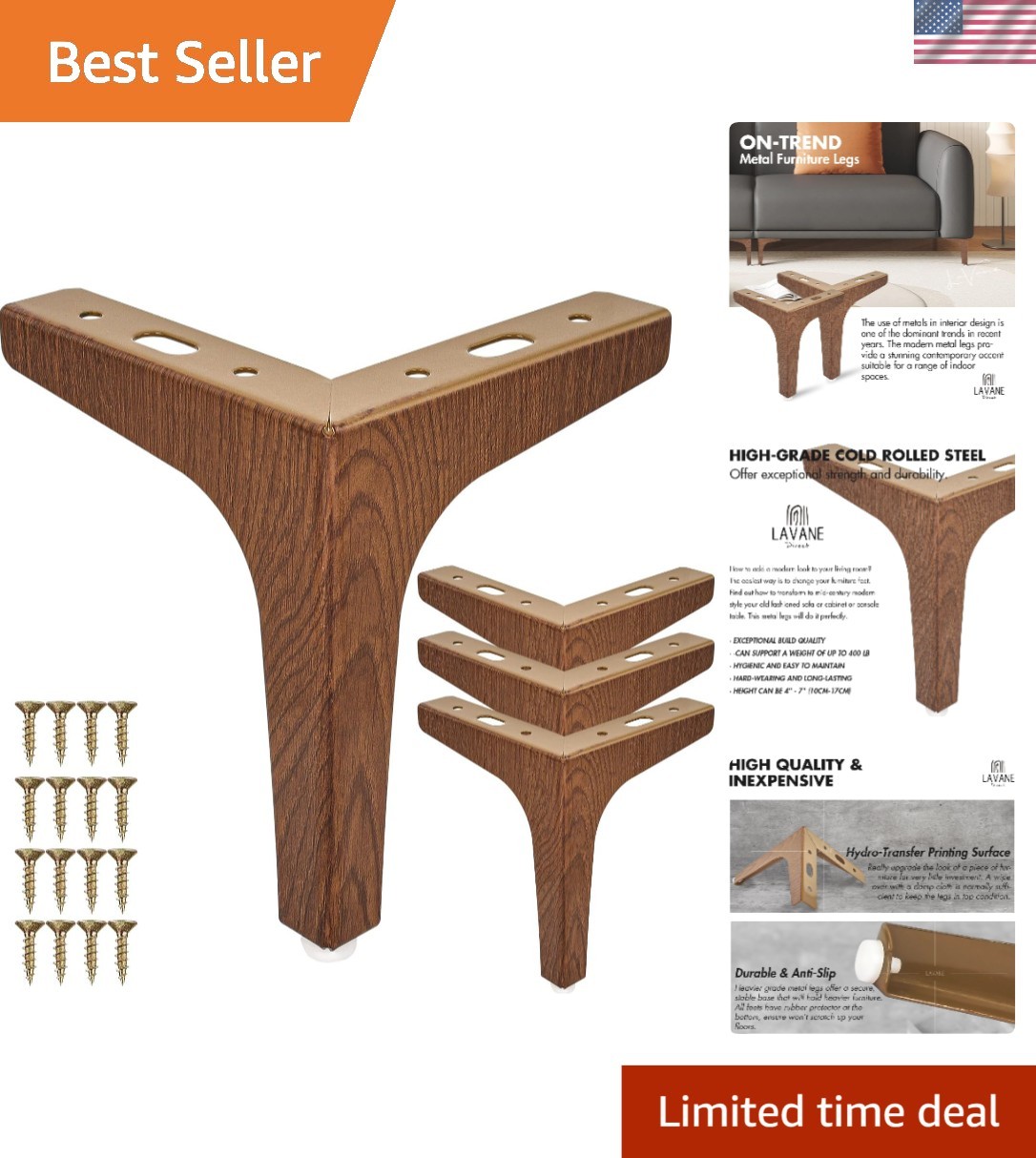 Set of 4 Stylish 4-inch Metal Furniture Legs – Walnut Mid-Century Modern Design