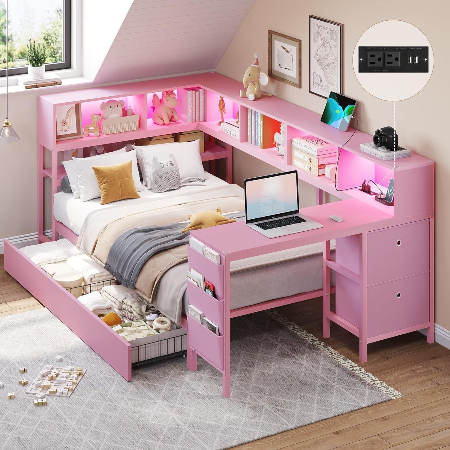 Corner Twin Bed Frame Daybed with Desk,Bookcase Storage,Led Lights