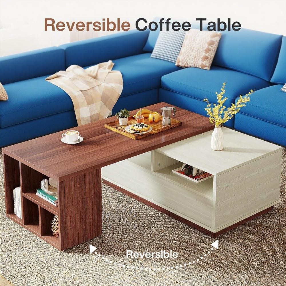 Extendable Rectangle Wood Coffee Table Dining Table with 2 Hidden Drawers