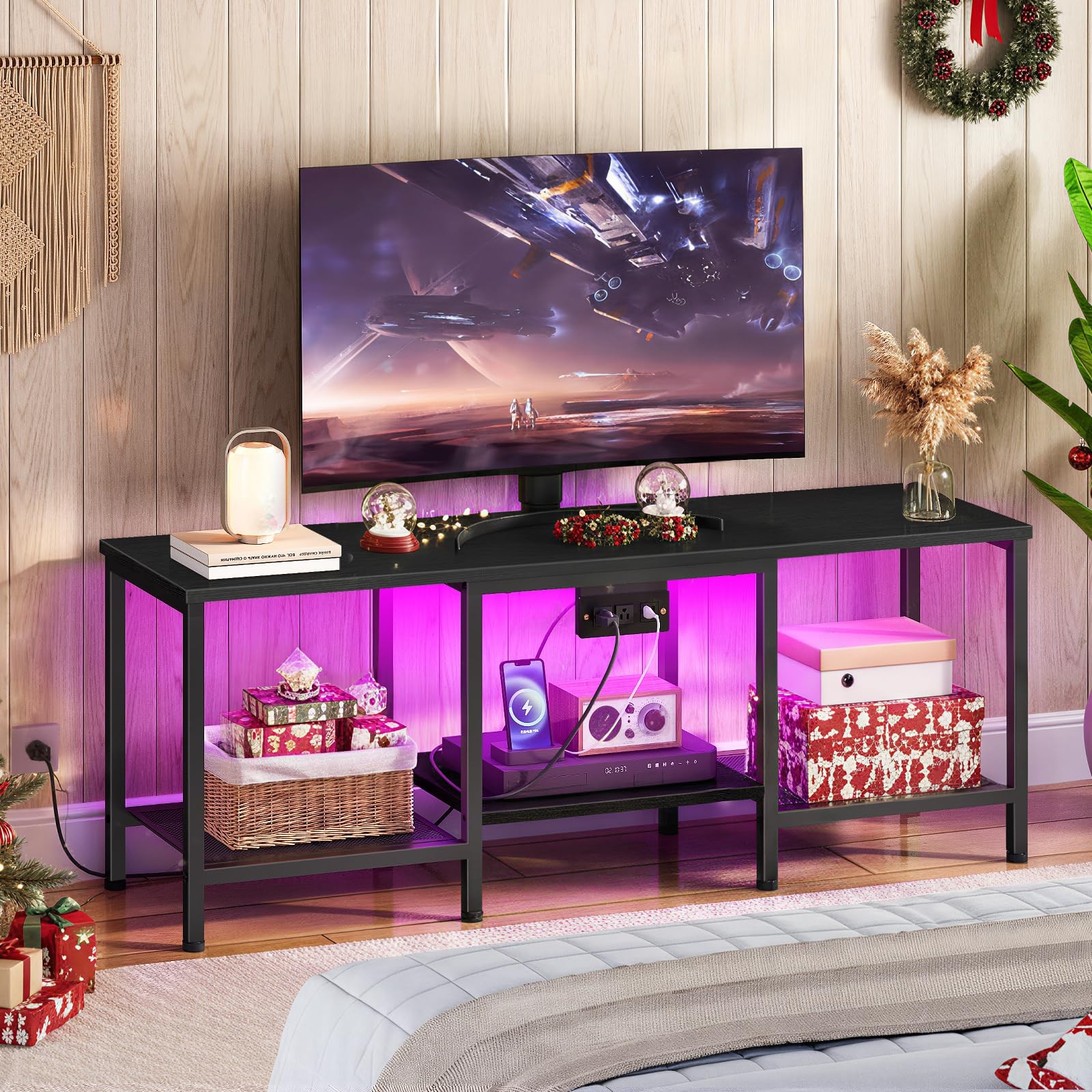 HOOBRO TV Stand with Charging Station to 55 47.2 x 11.8 x 17.7 inches, Black