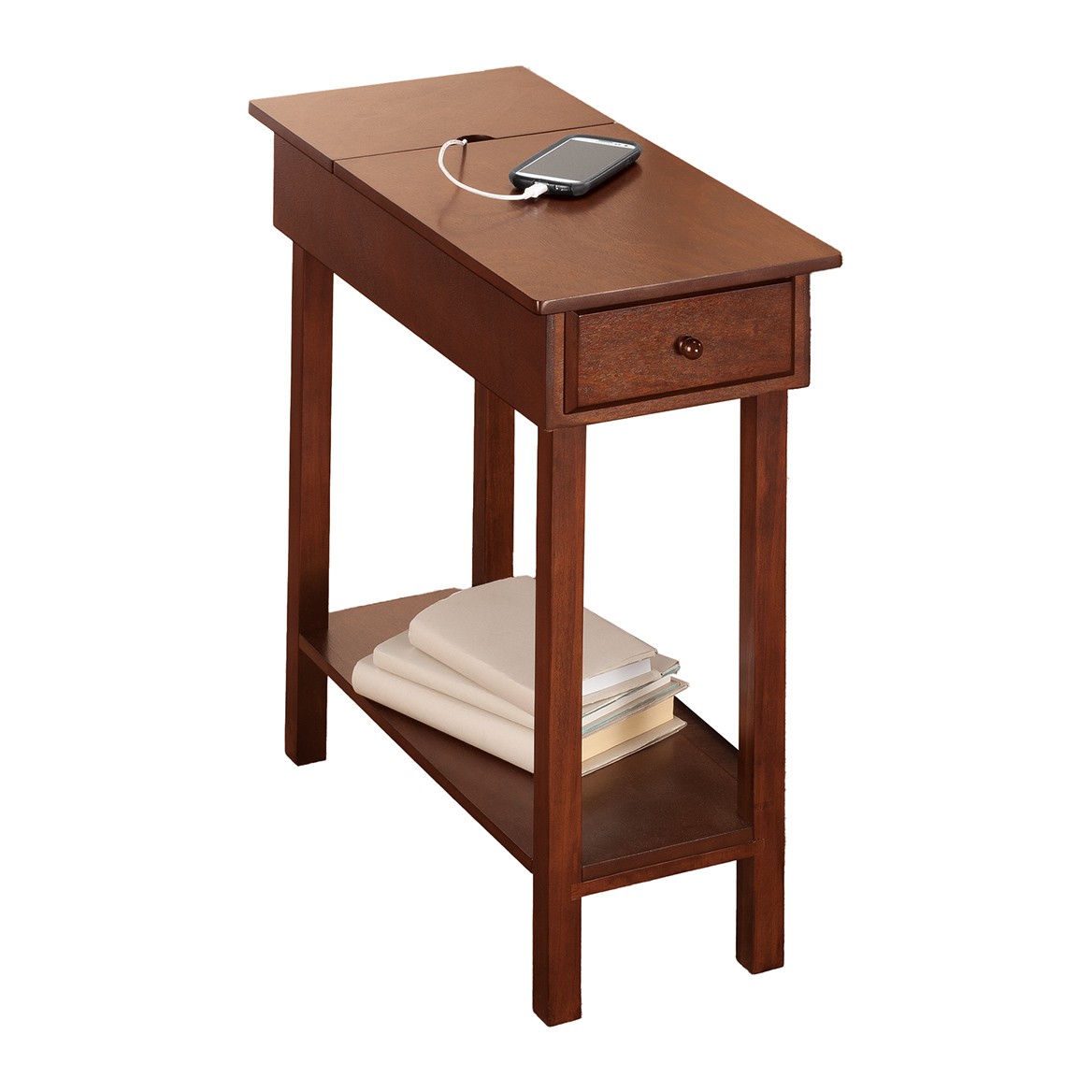 OakRidge Chairside Table with USB Power Strip, 11-In. Wide, Brown Wood Finish