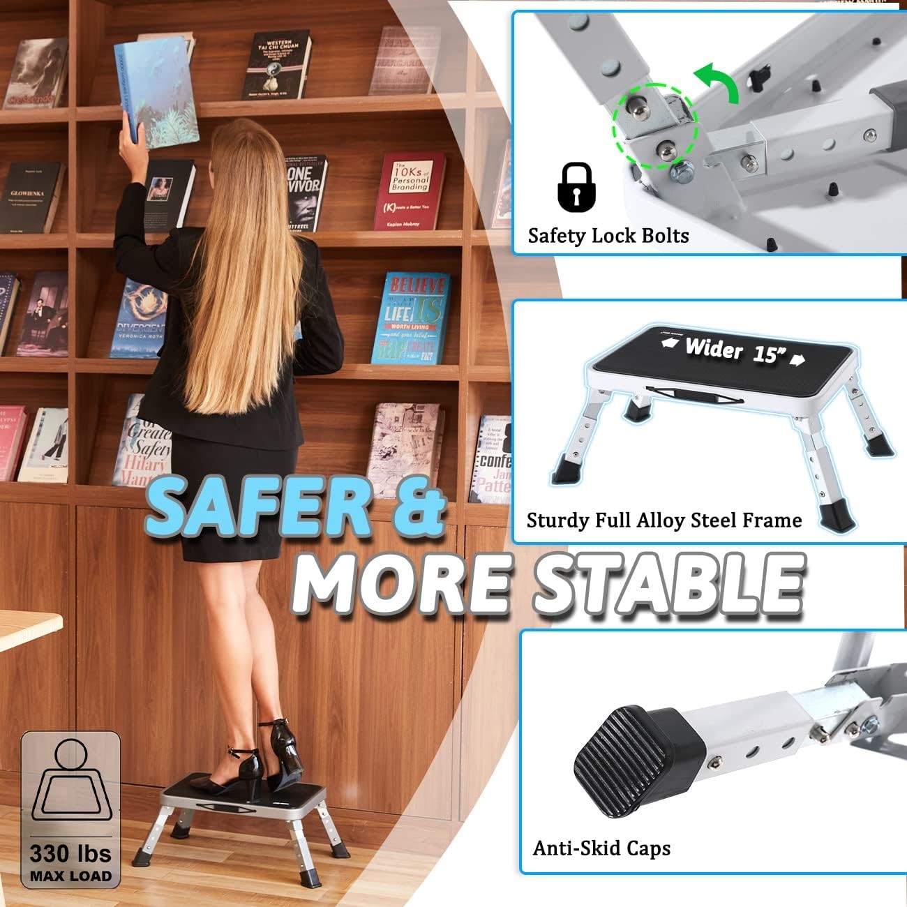 3 Levels Adjustable Folding One Step Stool Safer Metal Step Stools