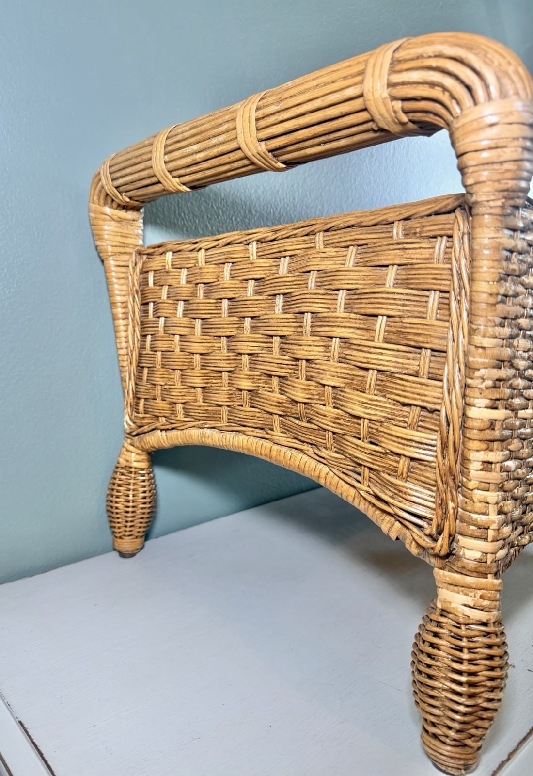 Vintage Rattan Wicker Ottoman Footstool Bench Boho Coastal Decor Stool