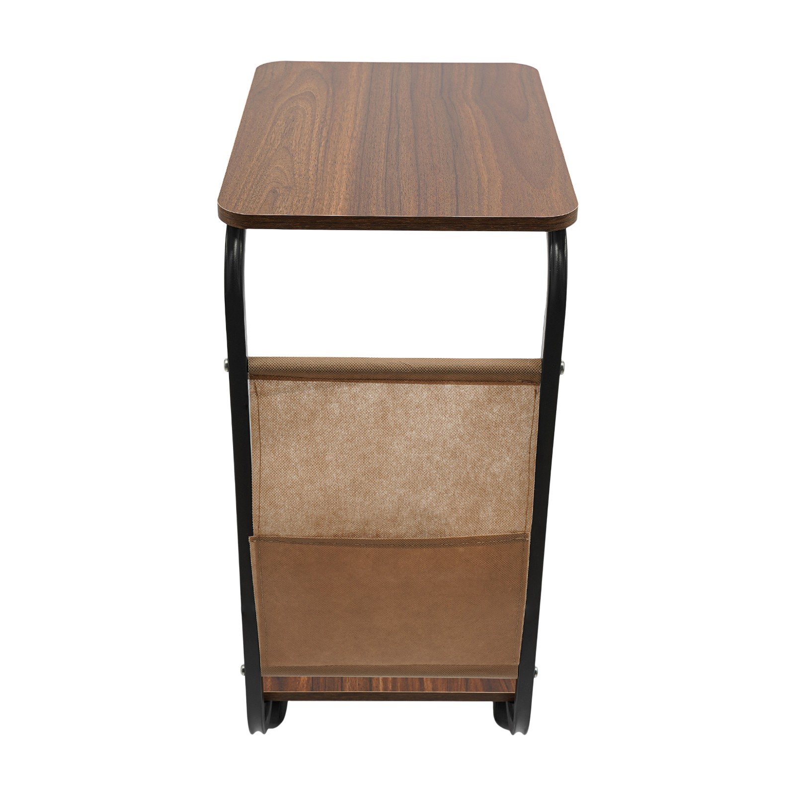 2 Tiers Coffee Table C-Shaped Side Table Brown End Table W/ Cloth Bag & 4 Wheels