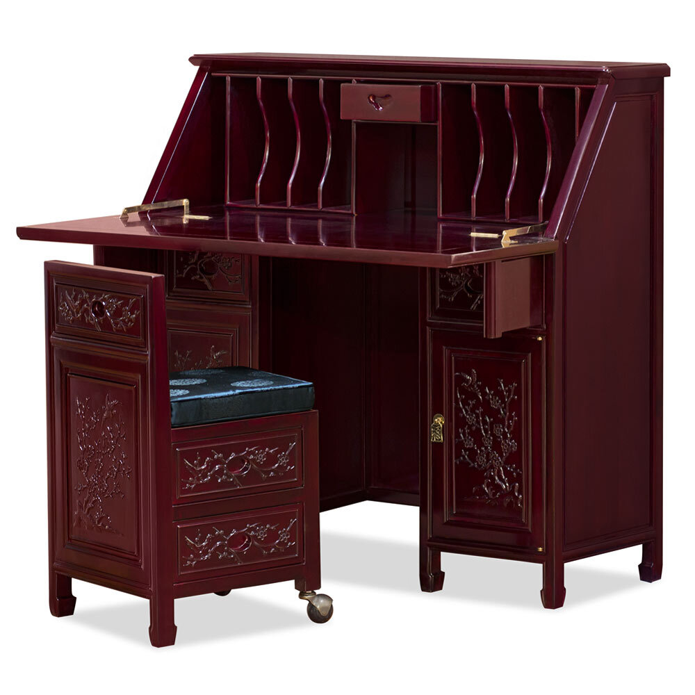 US SELLER – Dark Cherry Rosewood Flower Bird Design Asian Secretaire with Chair