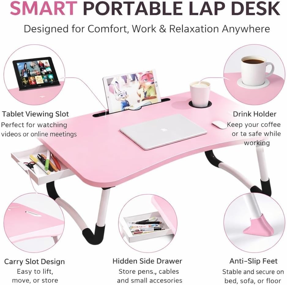 Foldable Laptop Table With Drawer – MDF Wood Desk With Cup Holder, Tablet Slot