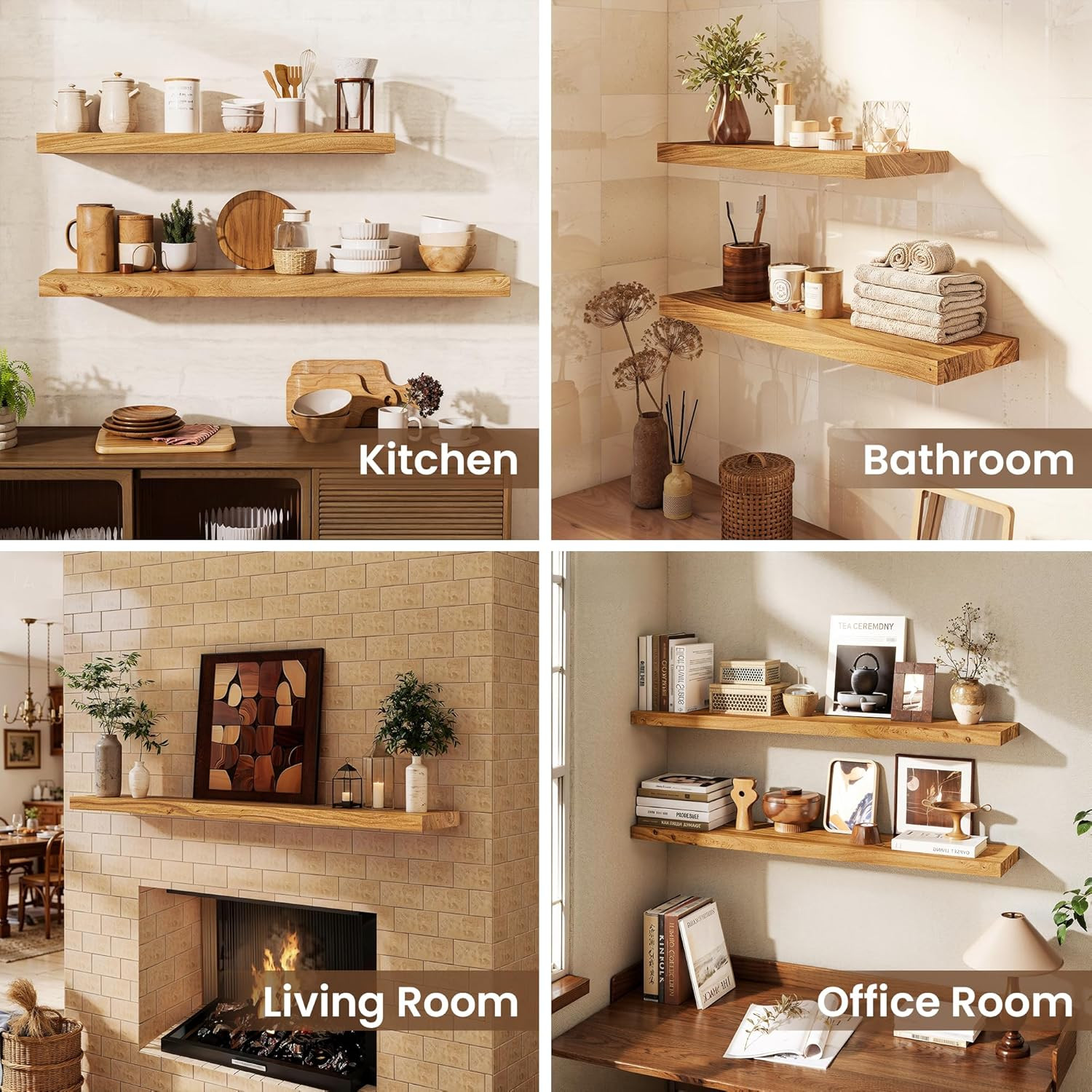 Solid Wood Floating Shelves 30″X8″ Set of 2 – Smooth Edge Elm Wall Mounted Shelf