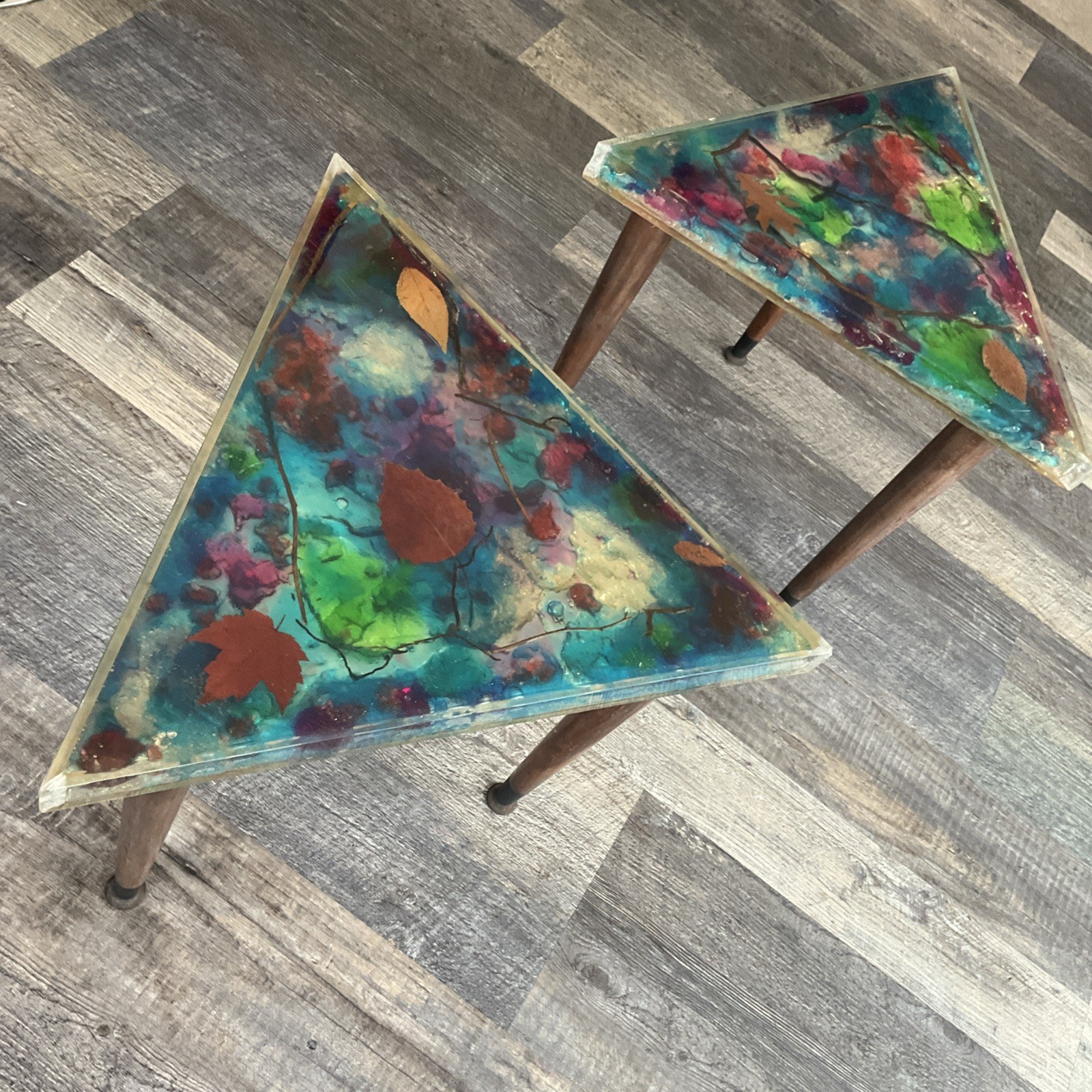 Vintage 70s Resin Inclusion Side Table Pair MCM Organic Leaf Epoxy Art Tripod