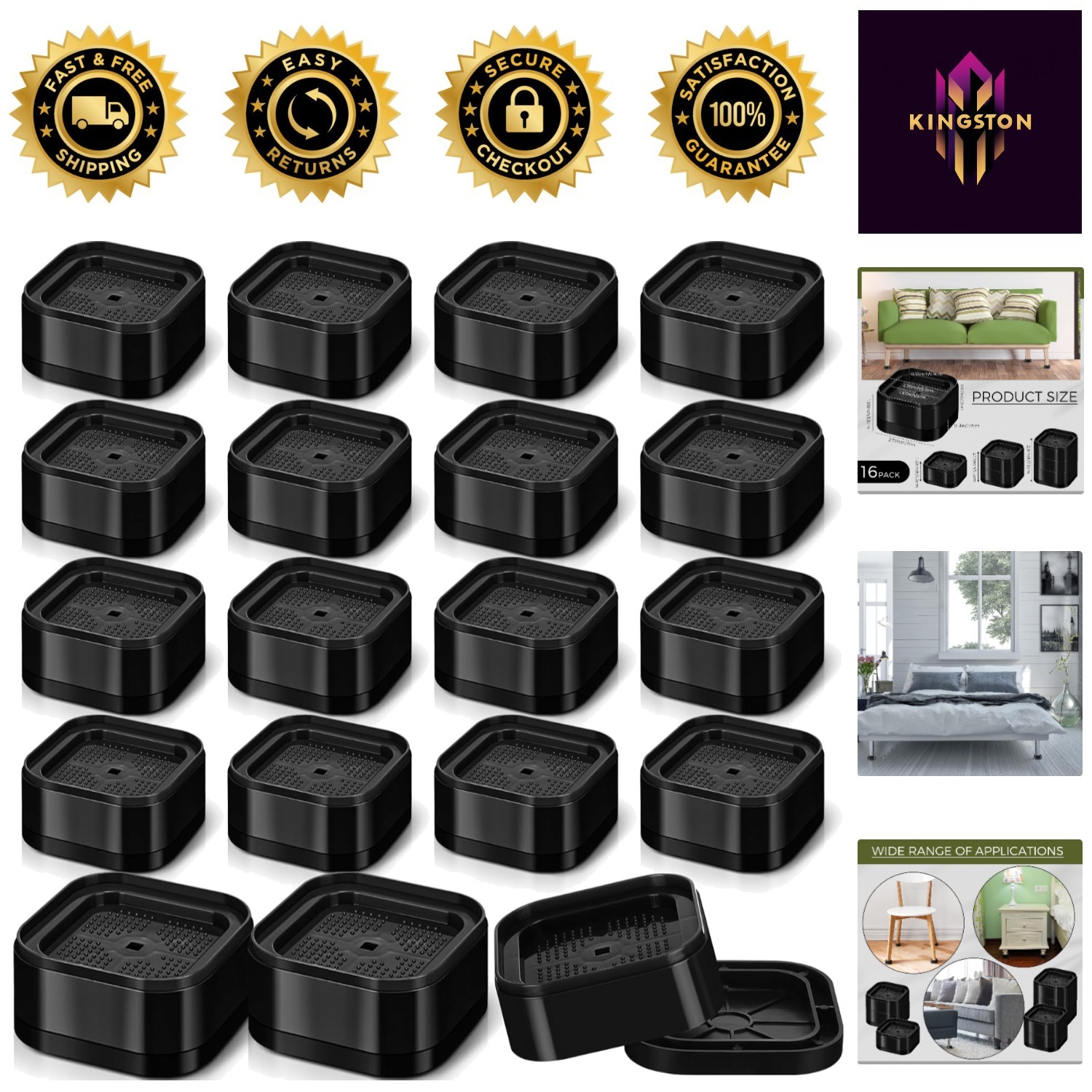 High-Quality Black Bed Raising Blocks – 16 Pack, Sturdy & Non-Slip 1.38” Lift
