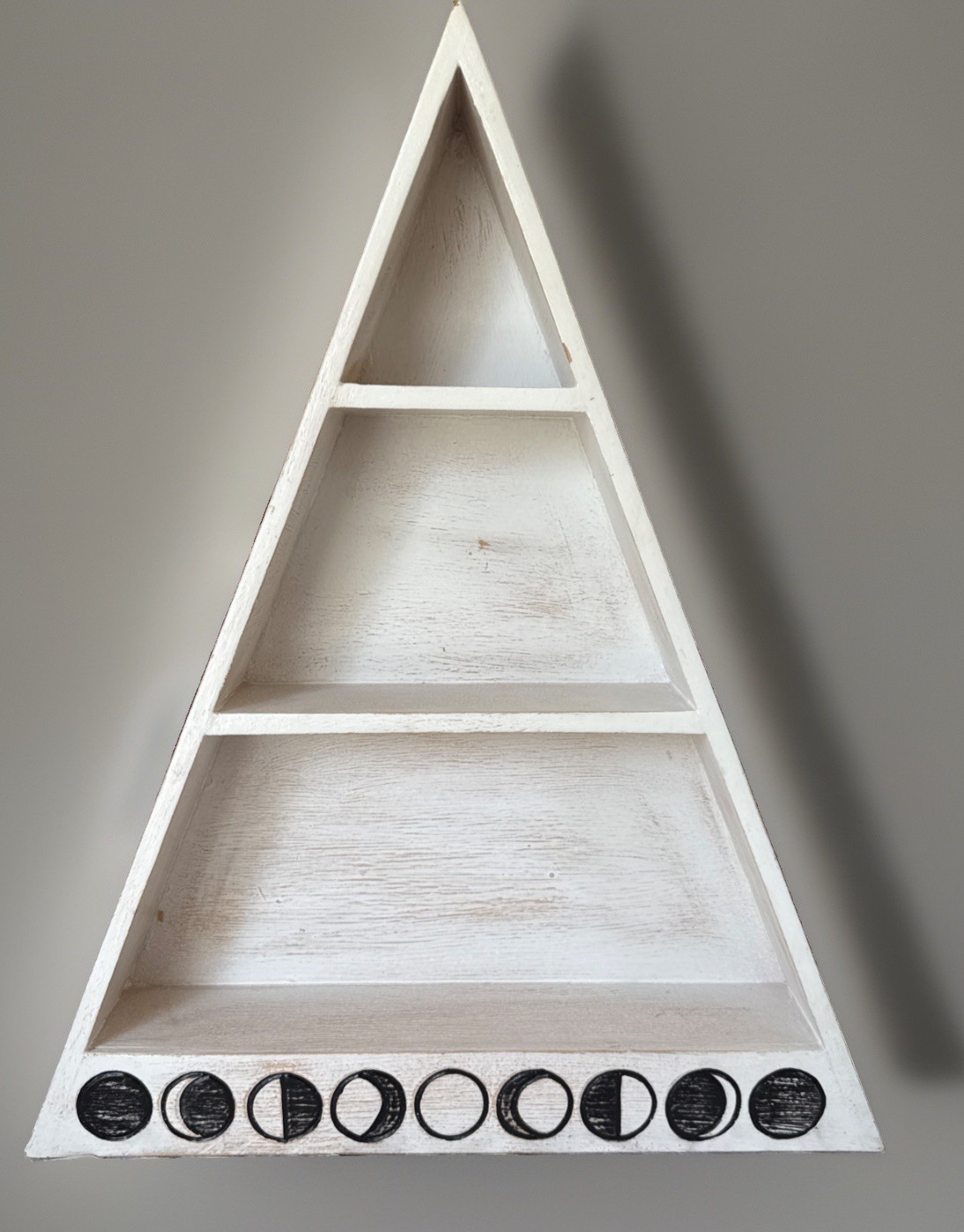 Wooden Triangle Altar Shelf Moon Phases Crystal Trinket Distressed White 20×15