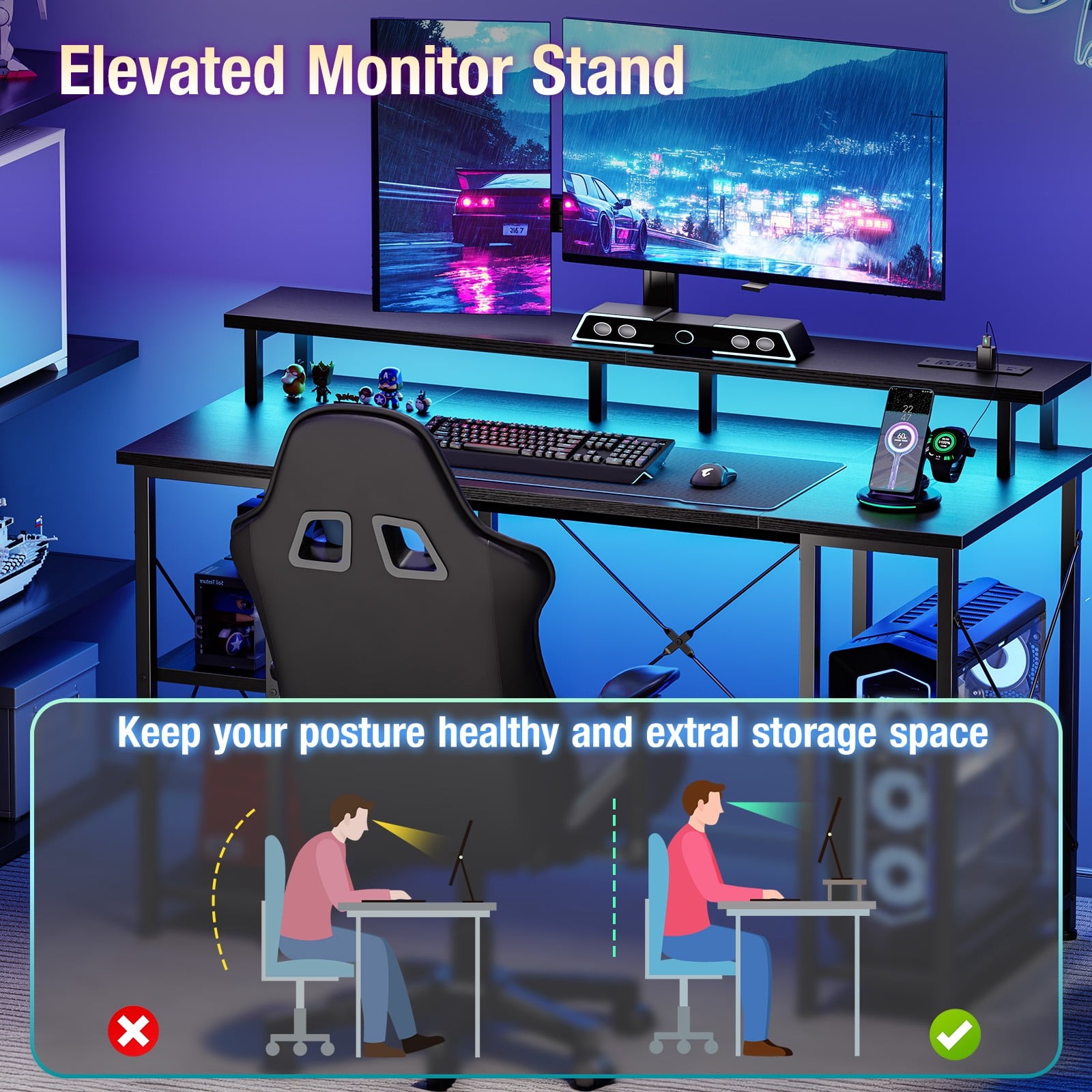 48″ Computer Gaming Desk w/ LED Light Power Outlet Monitor Stand Headphone Hook