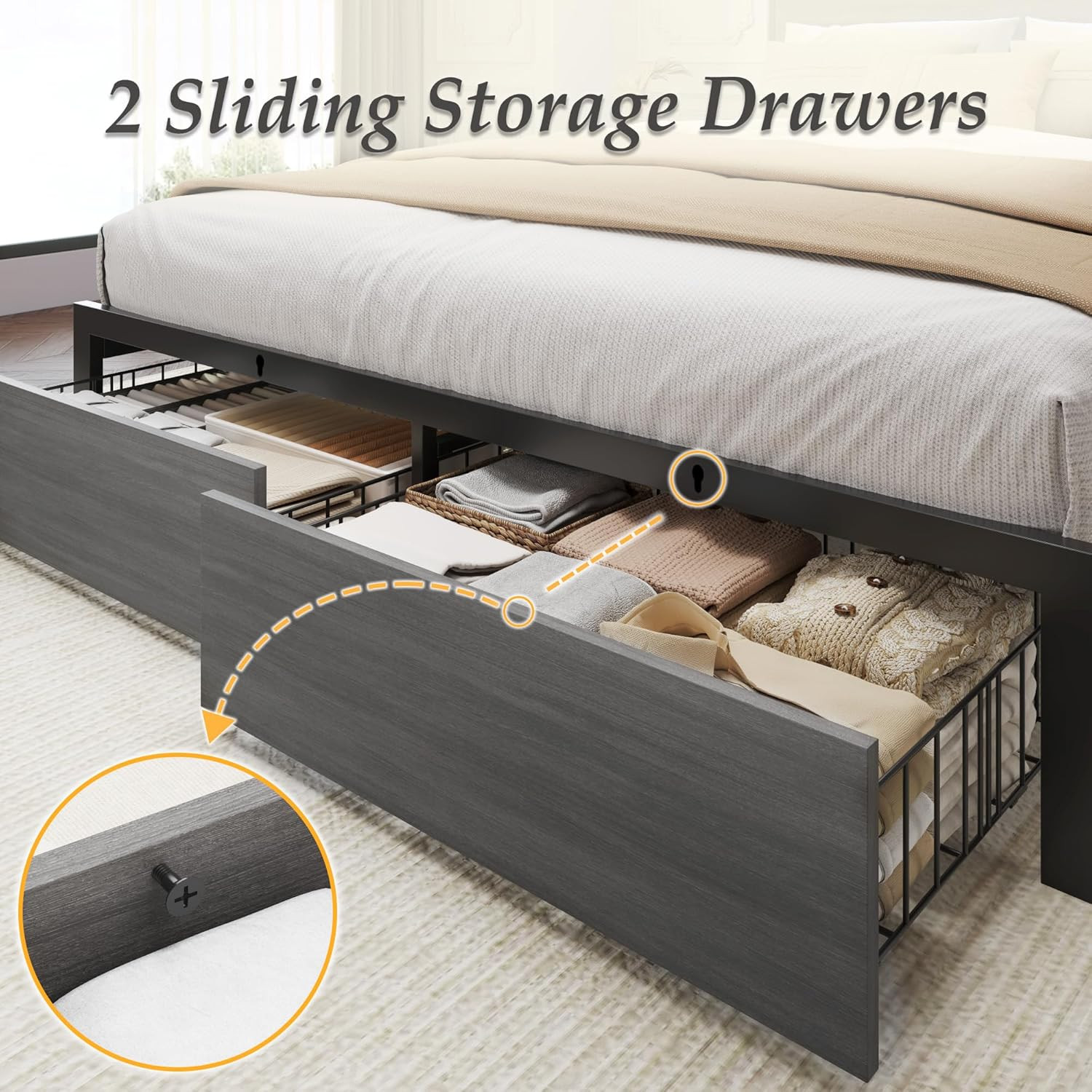 Rustic Grey Full Bed Frame with Storage Headboard, Charging Station & LED Lights